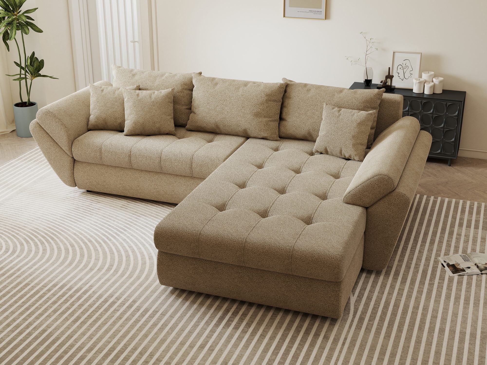 Colțar extensibil dumonde cu ladă de depozitare si sezut confortabil din spuma high-density, Loana Quelle Bej II 270x185 cm