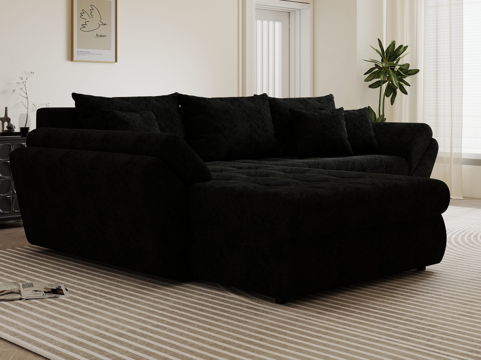 Colțar extensibil dumonde cu ladă de depozitare si sezut confortabil din spuma high-density, Loana Quelle Negru 270x185 cm