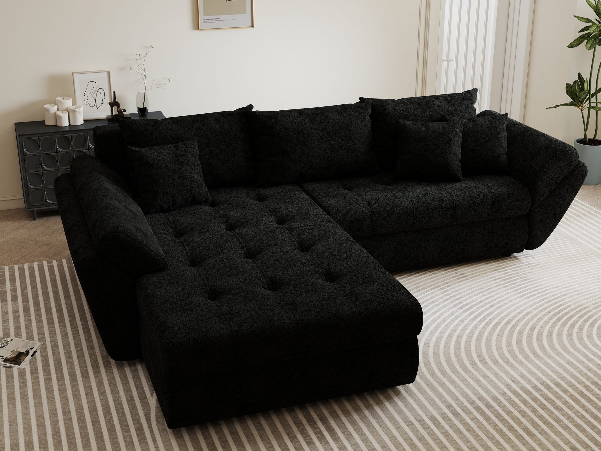 Colțar extensibil dumonde cu ladă de depozitare si sezut confortabil din spuma high-density, Loana Quelle Negru 270x185 cm