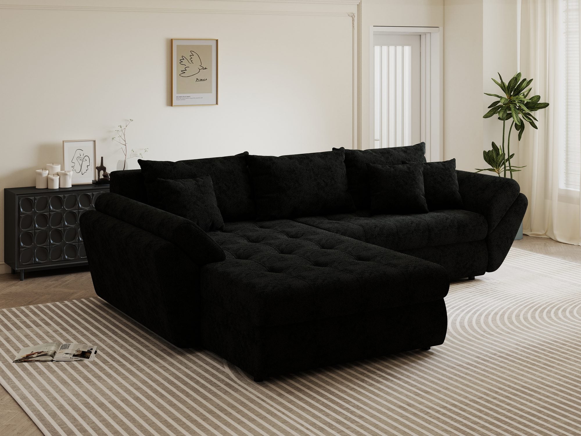 Colțar extensibil dumonde cu ladă de depozitare si sezut confortabil din spuma high-density, Loana Quelle Negru 270x185 cm