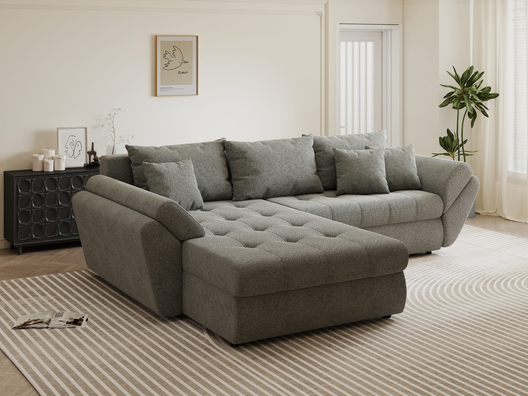 Colțar extensibil dumonde cu ladă de depozitare si sezut confortabil din spuma high-density, Loana Quelle Gri 270x185 cm