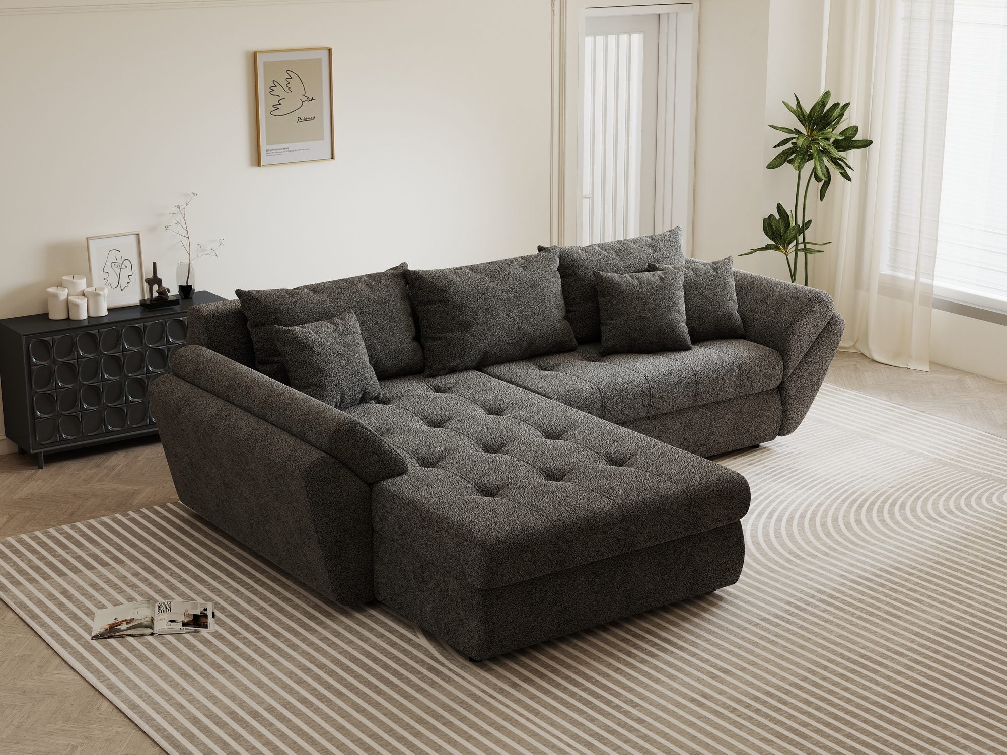 Colțar extensibil dumonde cu ladă de depozitare si sezut confortabil din spuma high-density, Loana Quelle Gri 270x185 cm