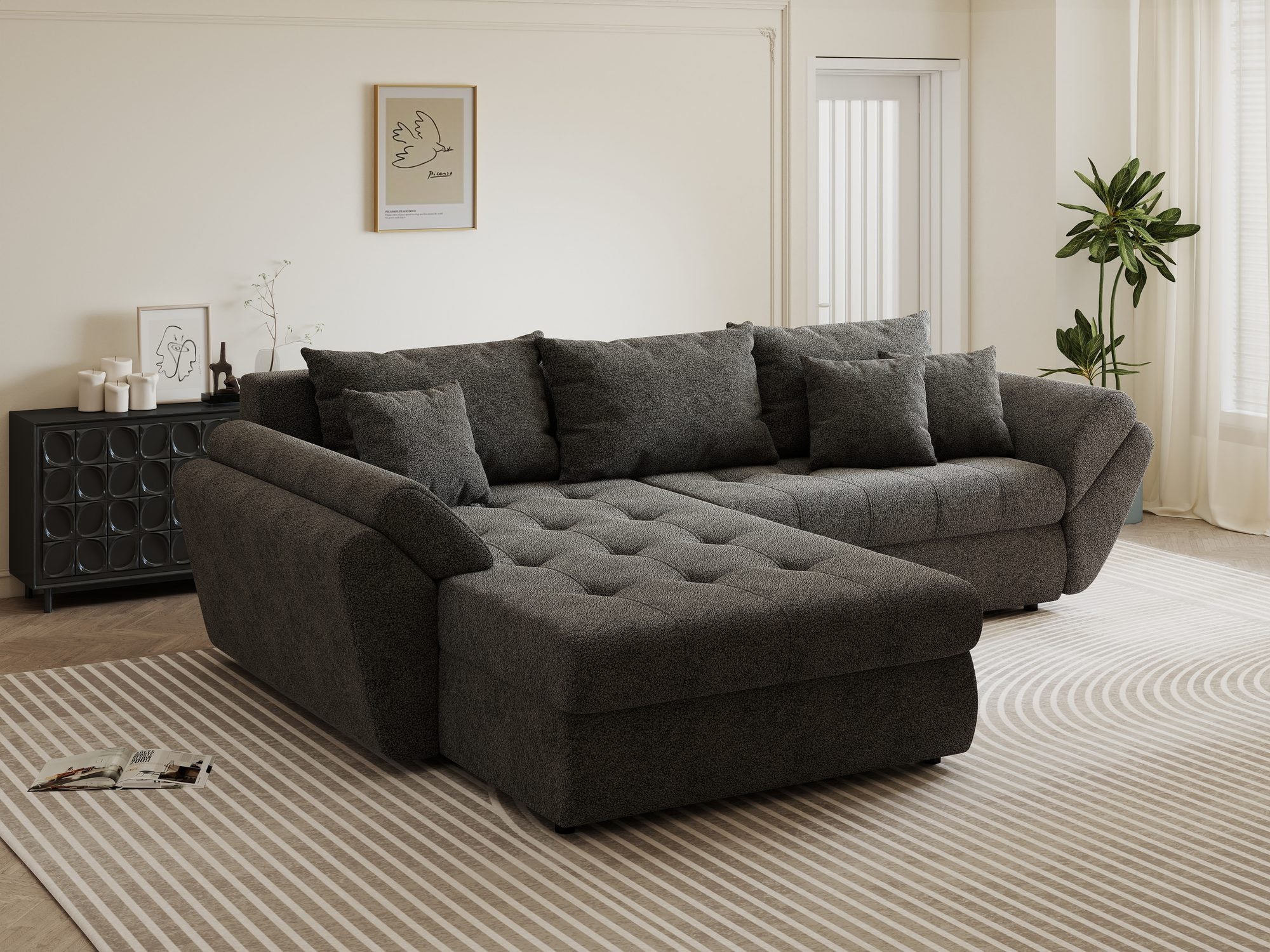Colțar extensibil dumonde cu ladă de depozitare si sezut confortabil din spuma high-density, Loana Quelle Gri 270x185 cm