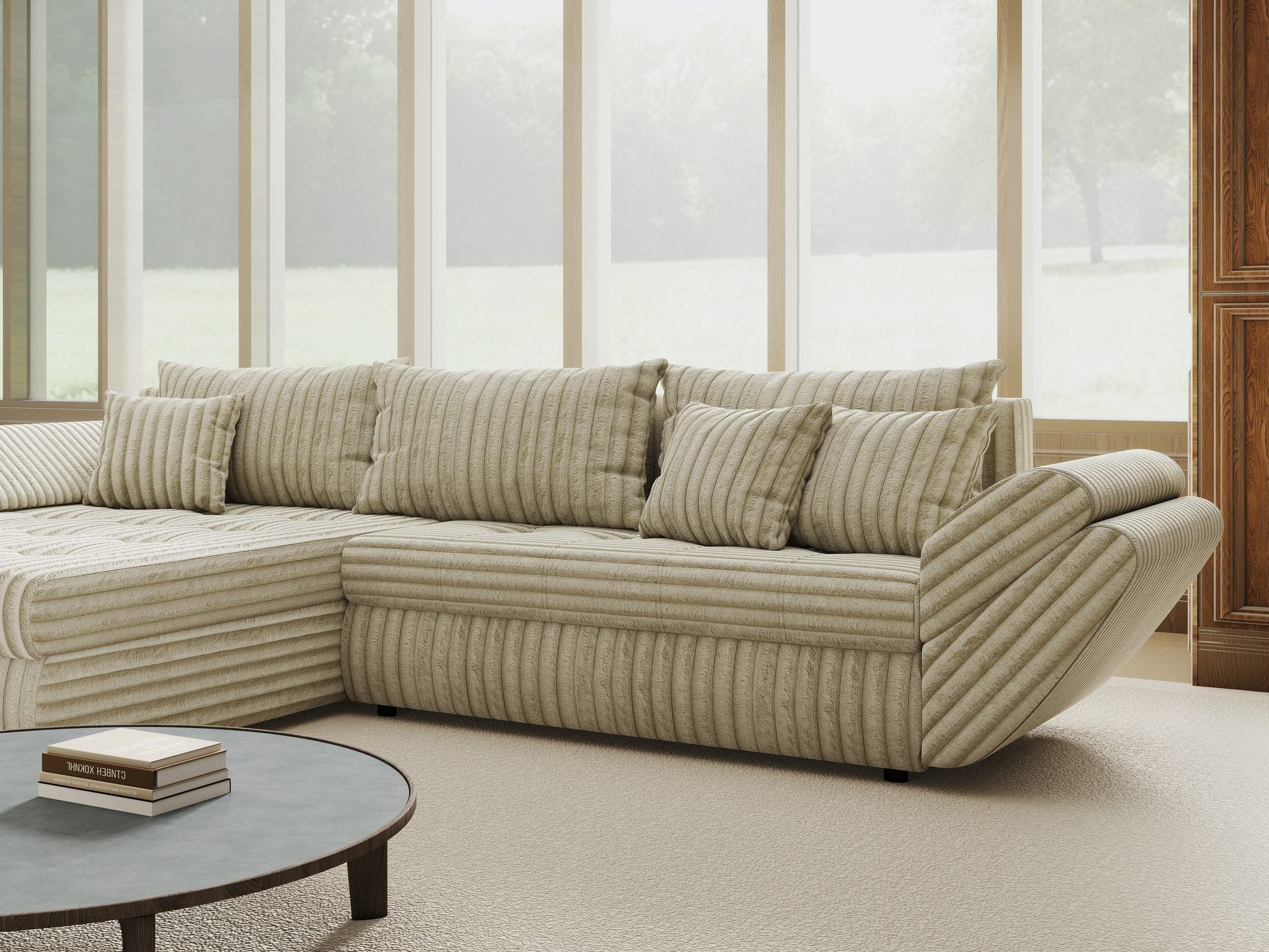 Colțar extensibil dumonde cu ladă de depozitare si sezut confortabil din spuma high-density, Loana Tilia Bej 270x185 cm