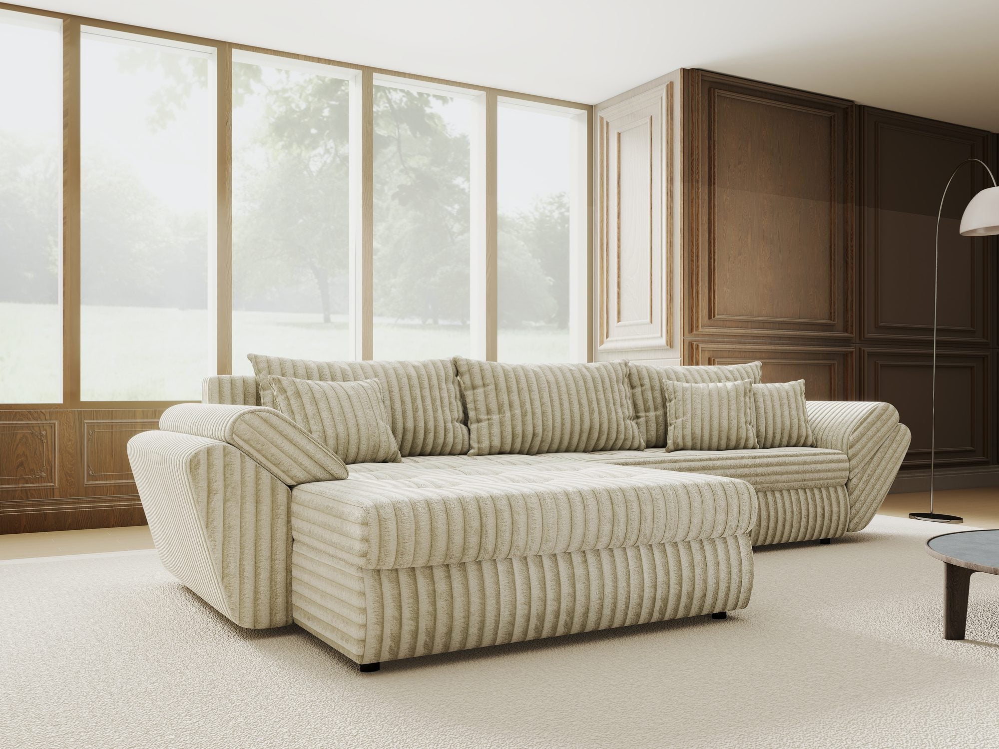 Colțar extensibil dumonde cu ladă de depozitare si sezut confortabil din spuma high-density, Loana Tilia Bej 270x185 cm