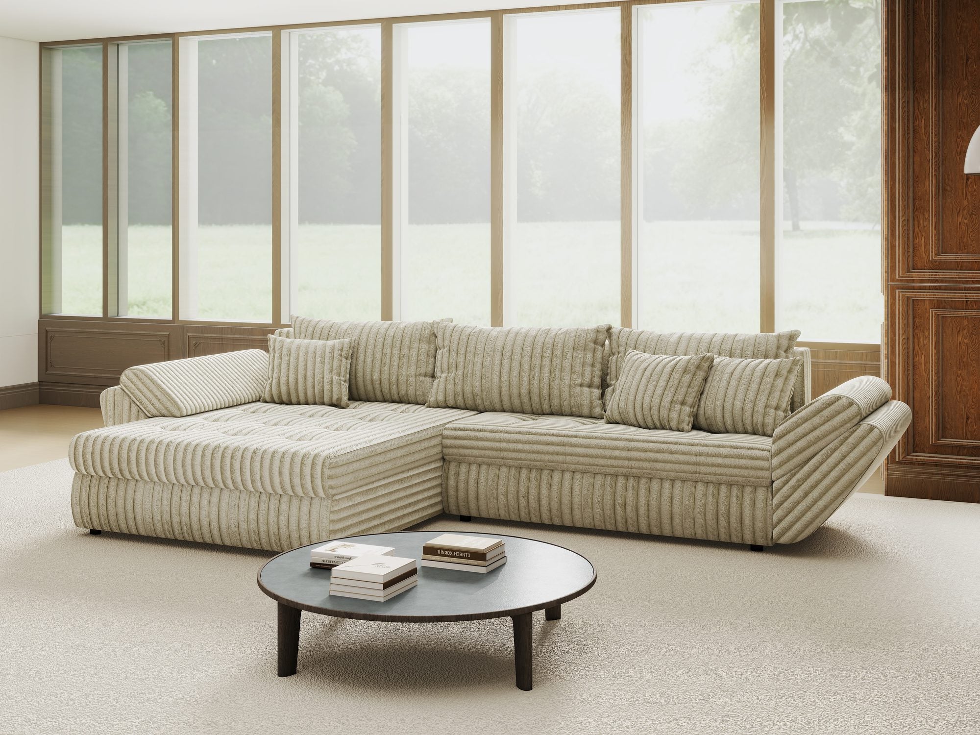 Colțar extensibil dumonde cu ladă de depozitare si sezut confortabil din spuma high-density, Loana Tilia Bej 270x185 cm