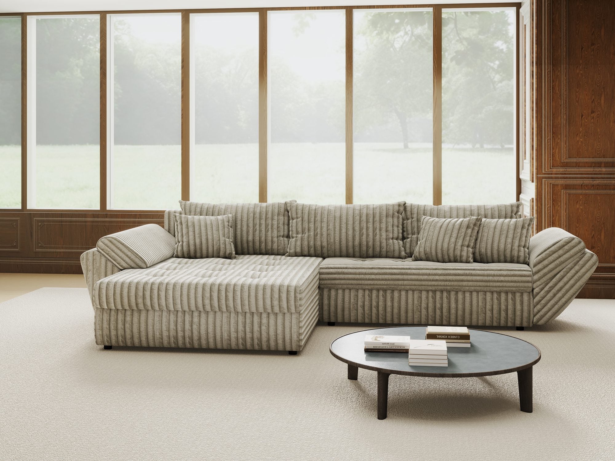 Colțar extensibil dumonde cu ladă de depozitare si sezut confortabil din spuma high-density, Loana Tilia Gri- bej 270x185 cm