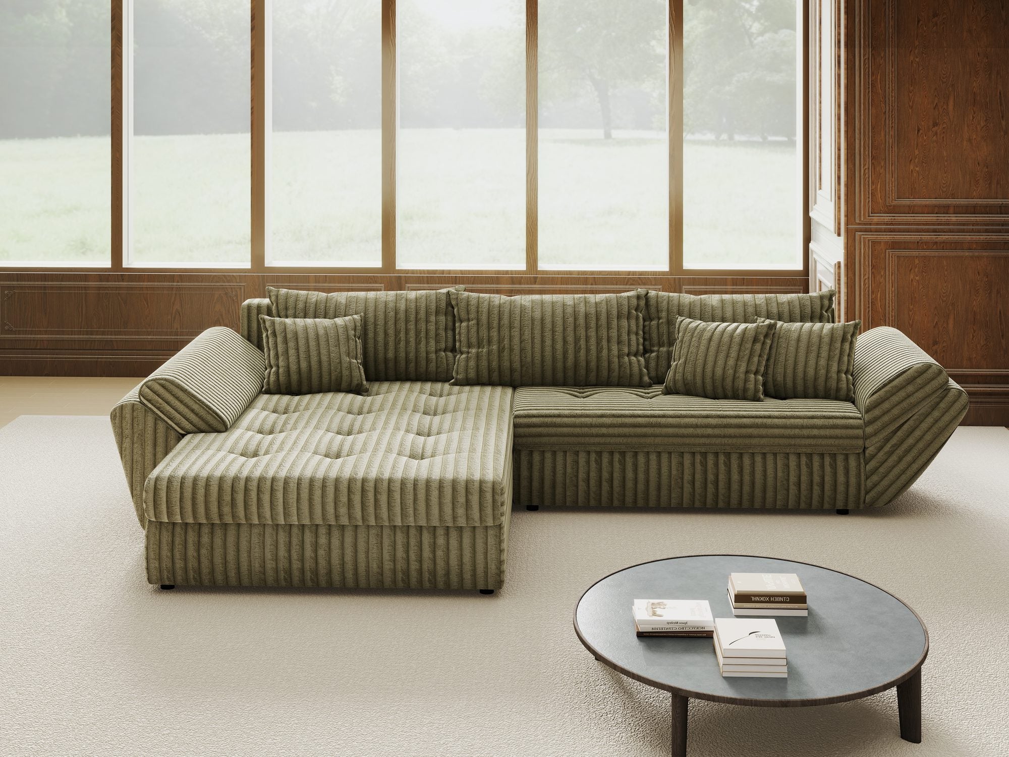 Colțar extensibil dumonde cu ladă de depozitare si sezut confortabil din spuma high-density, Loana Tilia Verde olive 270x185 cm