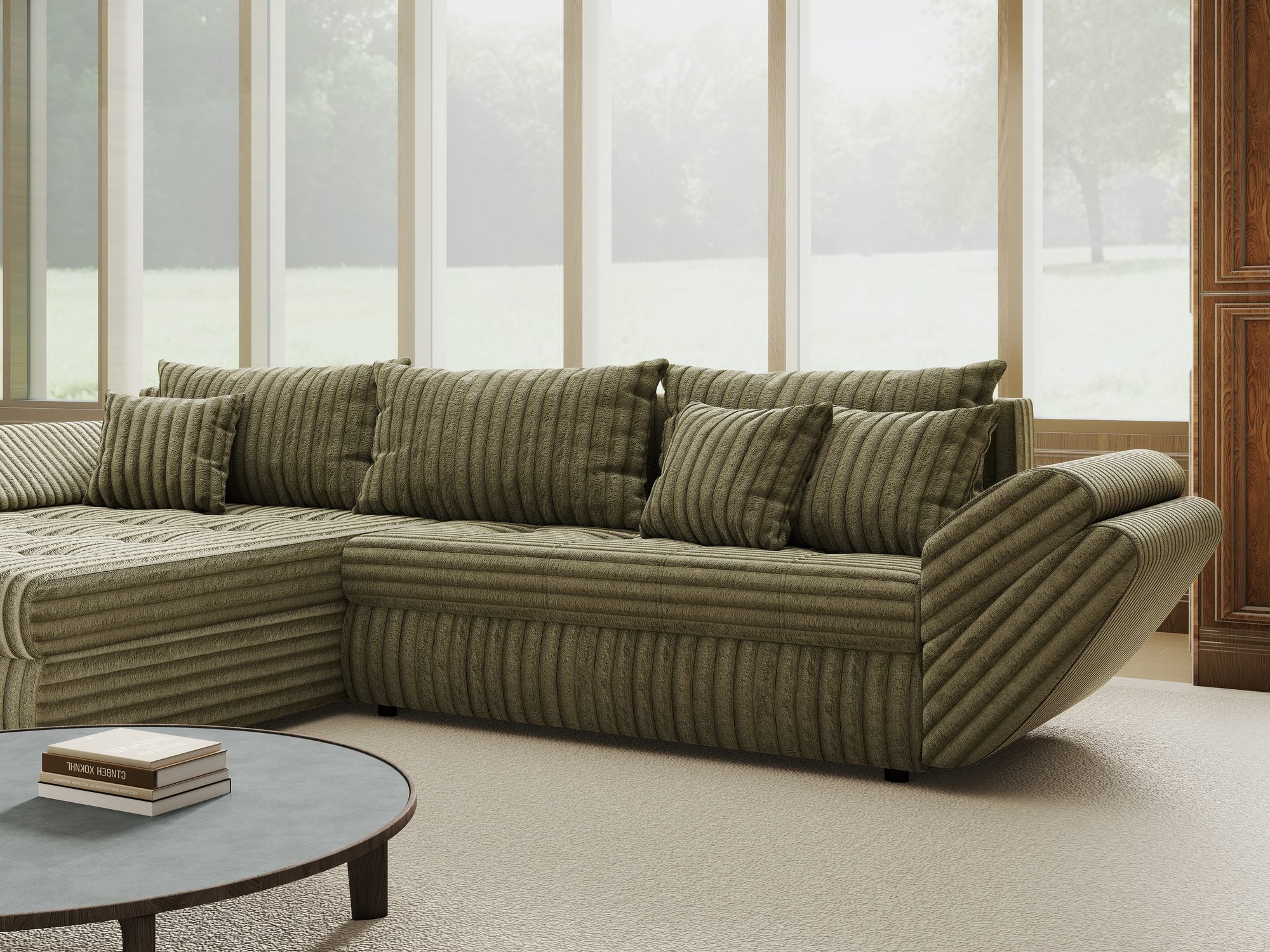 Colțar extensibil dumonde cu ladă de depozitare si sezut confortabil din spuma high-density, Loana Tilia Verde olive 270x185 cm