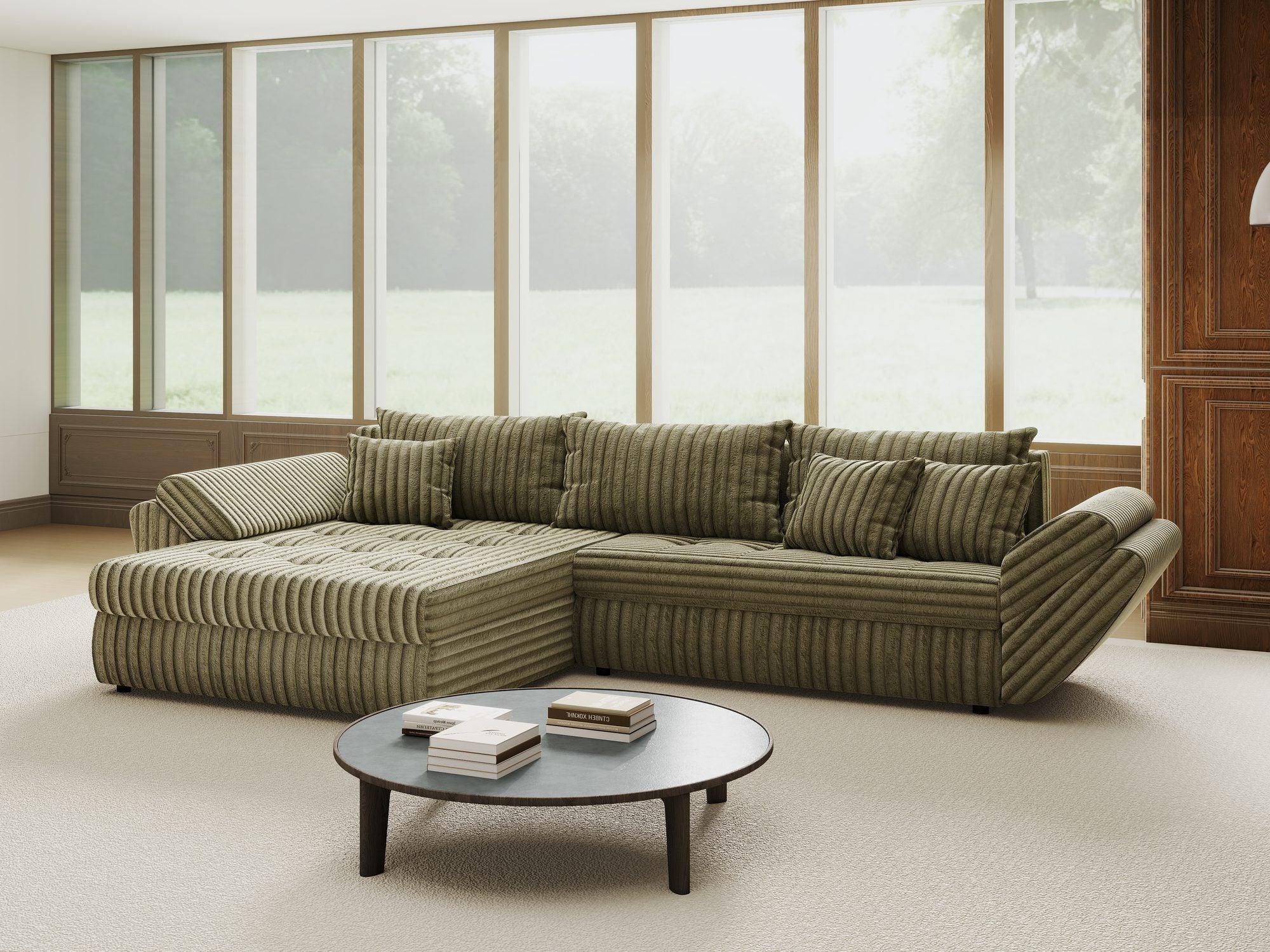 Colțar extensibil dumonde cu ladă de depozitare si sezut confortabil din spuma high-density, Loana Tilia Verde olive 270x185 cm