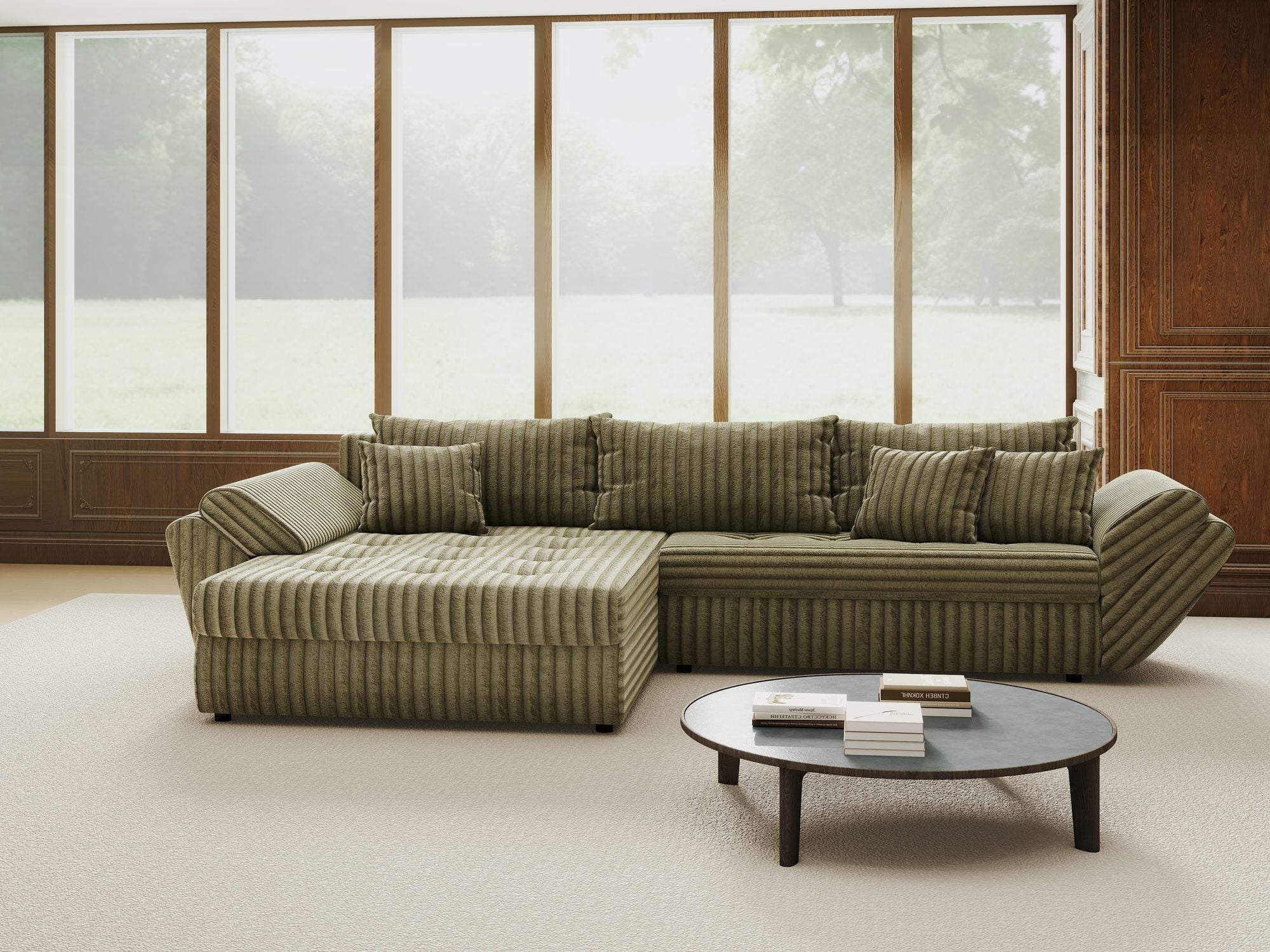 Colțar extensibil dumonde cu ladă de depozitare si sezut confortabil din spuma high-density, Loana Tilia Verde olive 270x185 cm