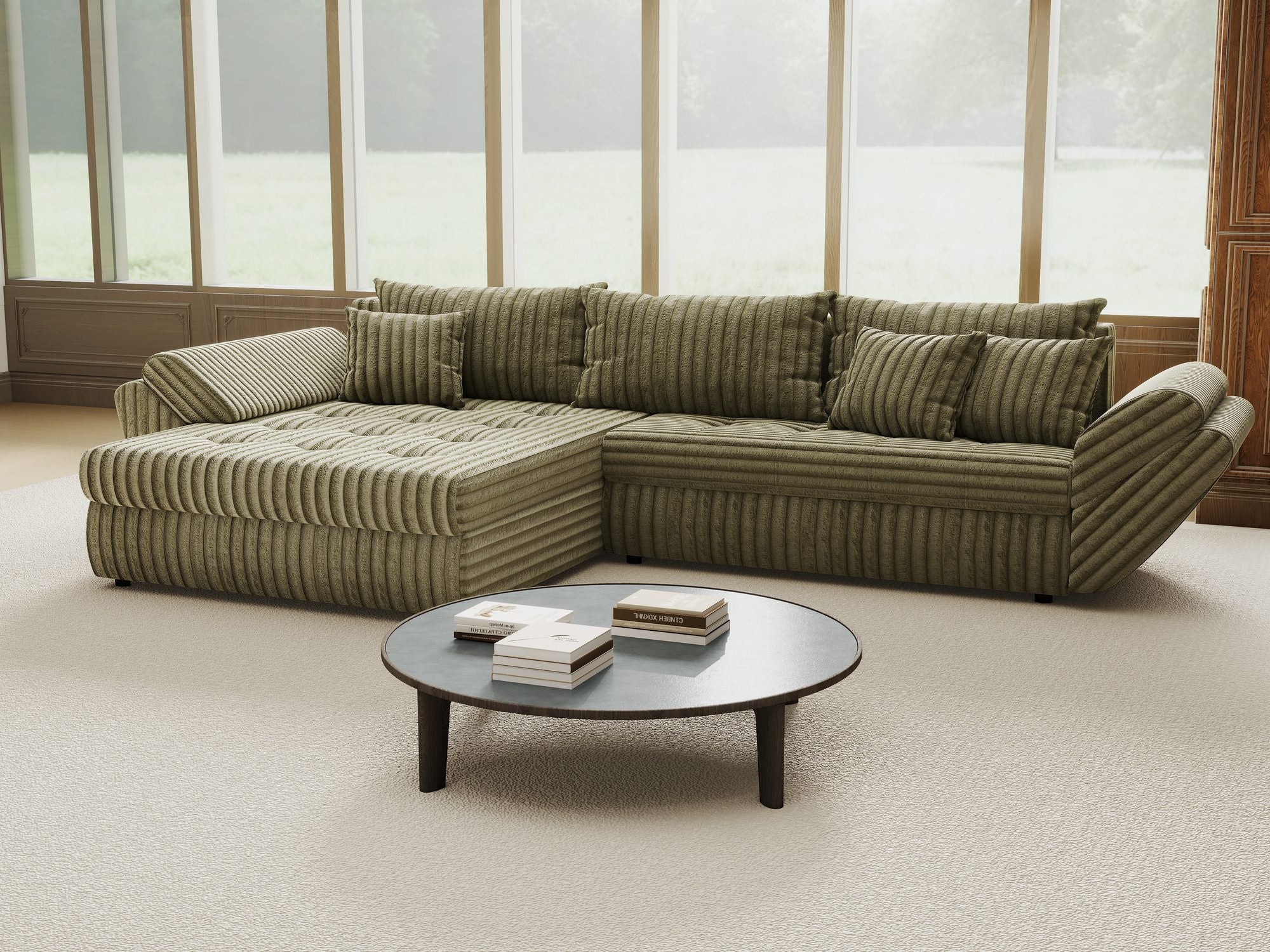 Colțar extensibil dumonde cu ladă de depozitare si sezut confortabil din spuma high-density, Loana Tilia Verde olive 270x185 cm