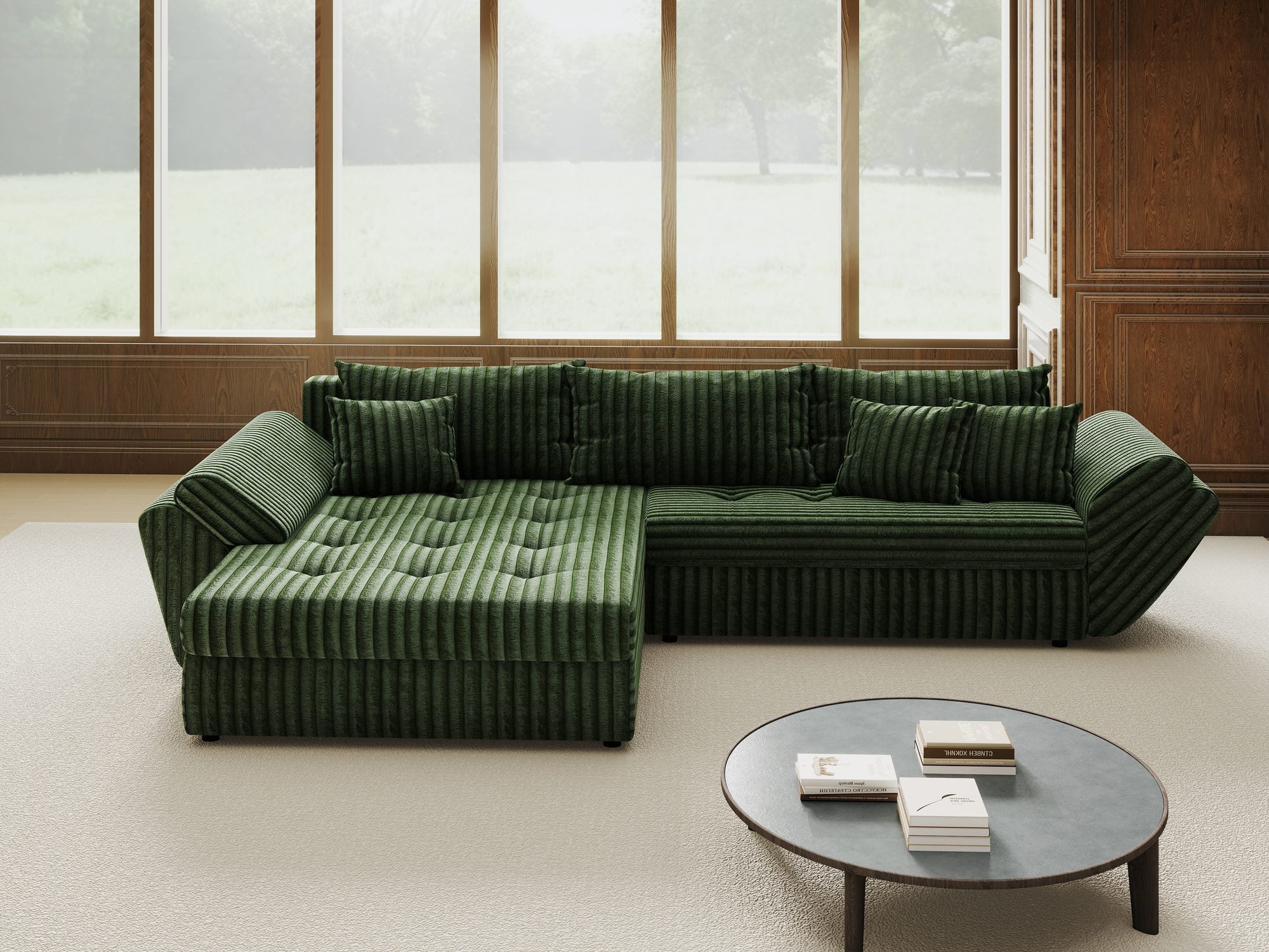 Colțar extensibil dumonde cu ladă de depozitare si sezut confortabil din spuma high-density, Loana Tilia Verde 270x185 cm