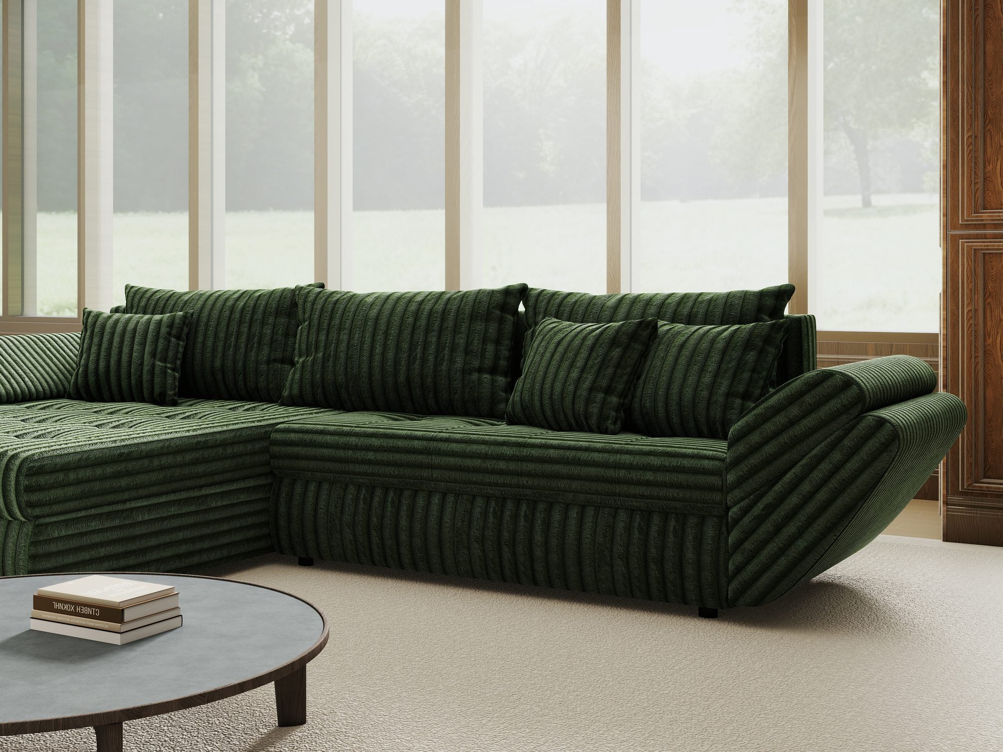 Colțar extensibil dumonde cu ladă de depozitare si sezut confortabil din spuma high-density, Loana Tilia Verde 270x185 cm