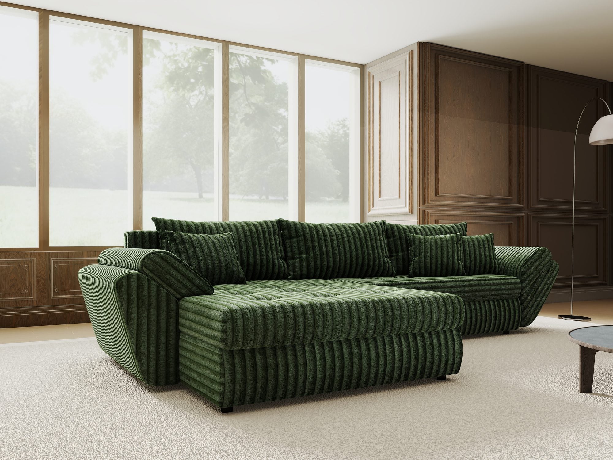 Colțar extensibil dumonde cu ladă de depozitare si sezut confortabil din spuma high-density, Loana Tilia Verde 270x185 cm