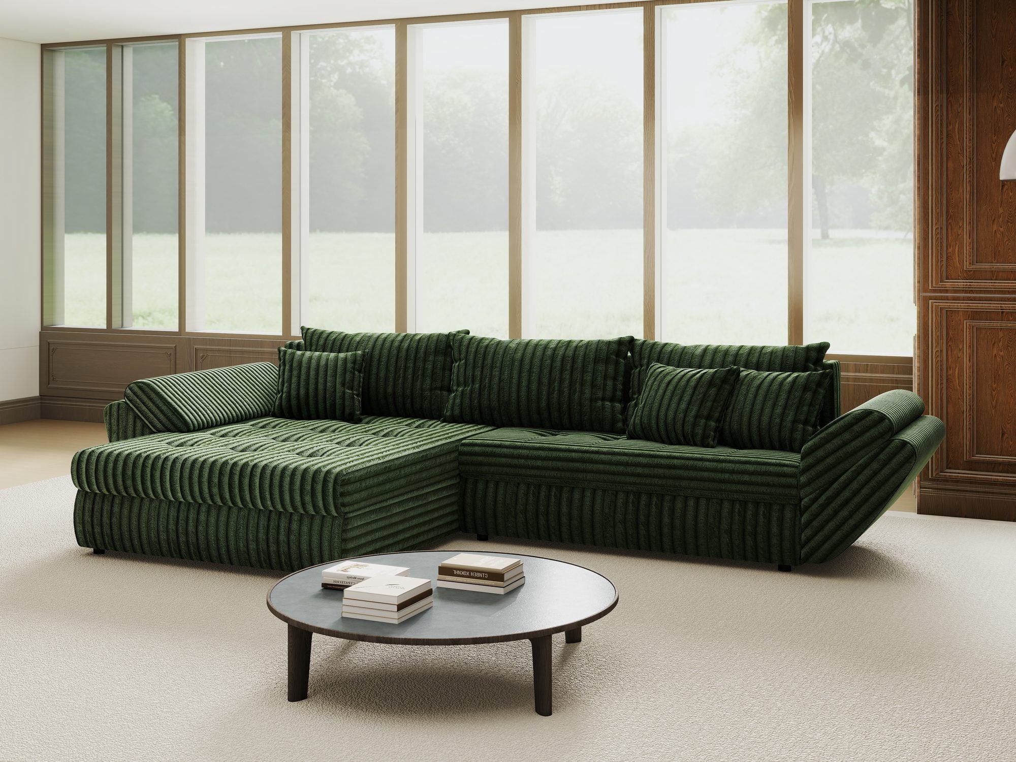 Colțar extensibil dumonde cu ladă de depozitare si sezut confortabil din spuma high-density, Loana Tilia Verde 270x185 cm