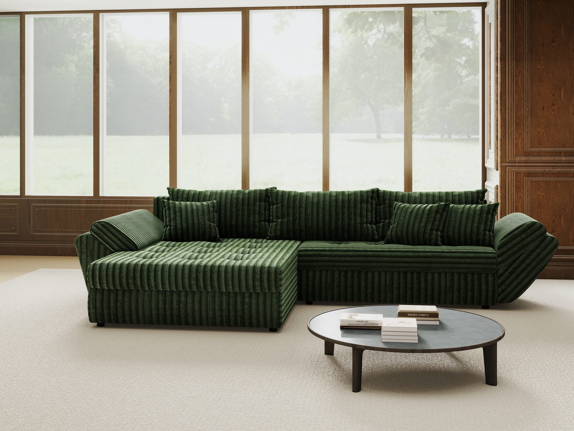 Colțar extensibil dumonde cu ladă de depozitare si sezut confortabil din spuma high-density, Loana Tilia Verde 270x185 cm