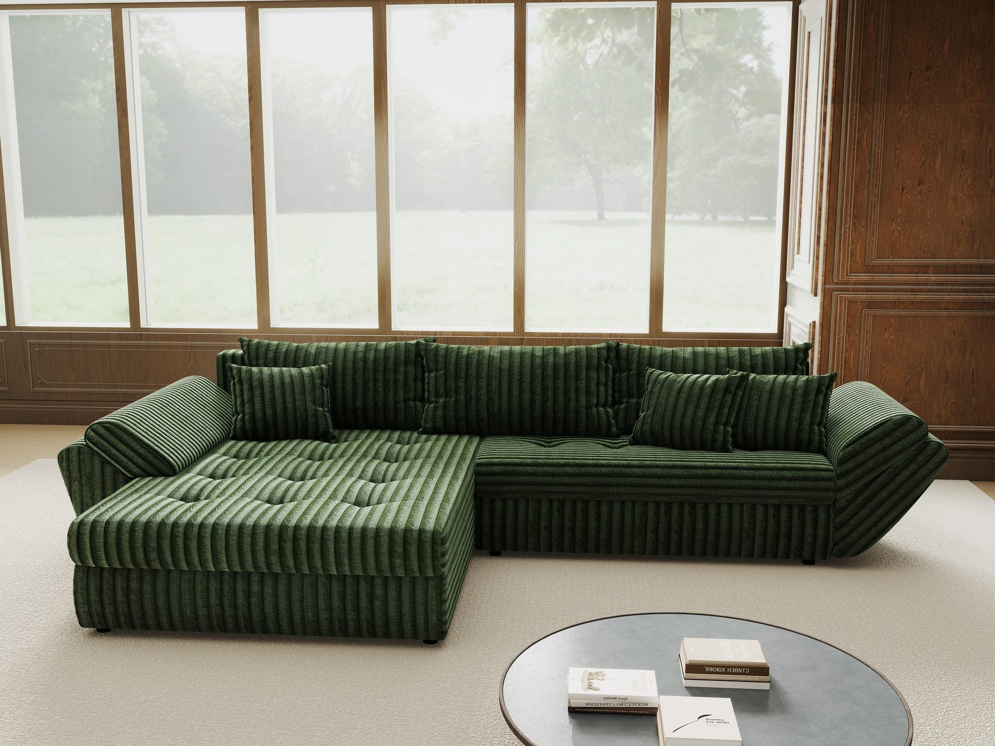 Colțar extensibil dumonde cu ladă de depozitare si sezut confortabil din spuma high-density, Loana Tilia Verde 270x185 cm