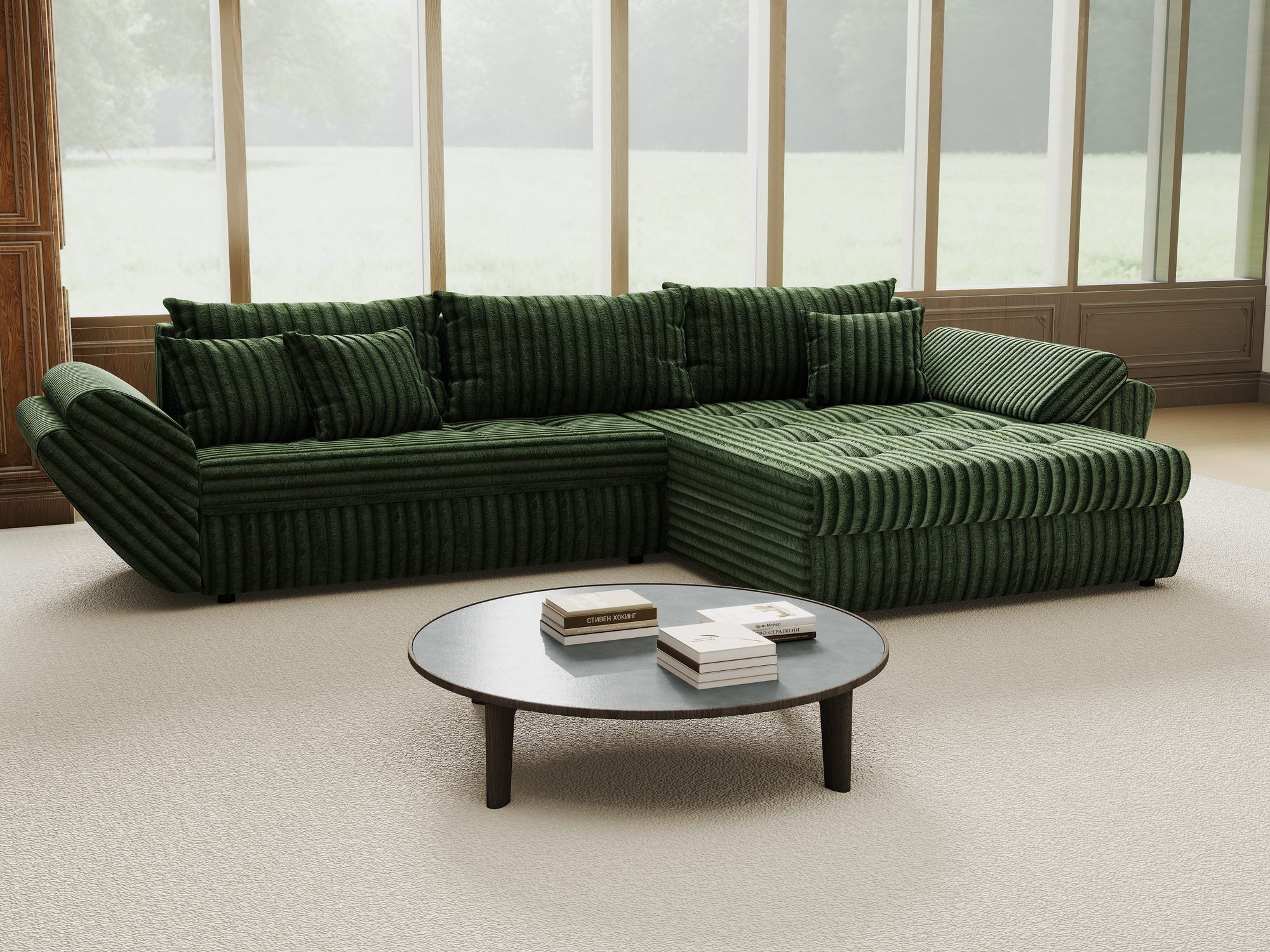 Colțar extensibil dumonde cu ladă de depozitare si sezut confortabil din spuma high-density, Loana Tilia Verde II 270x185 cm