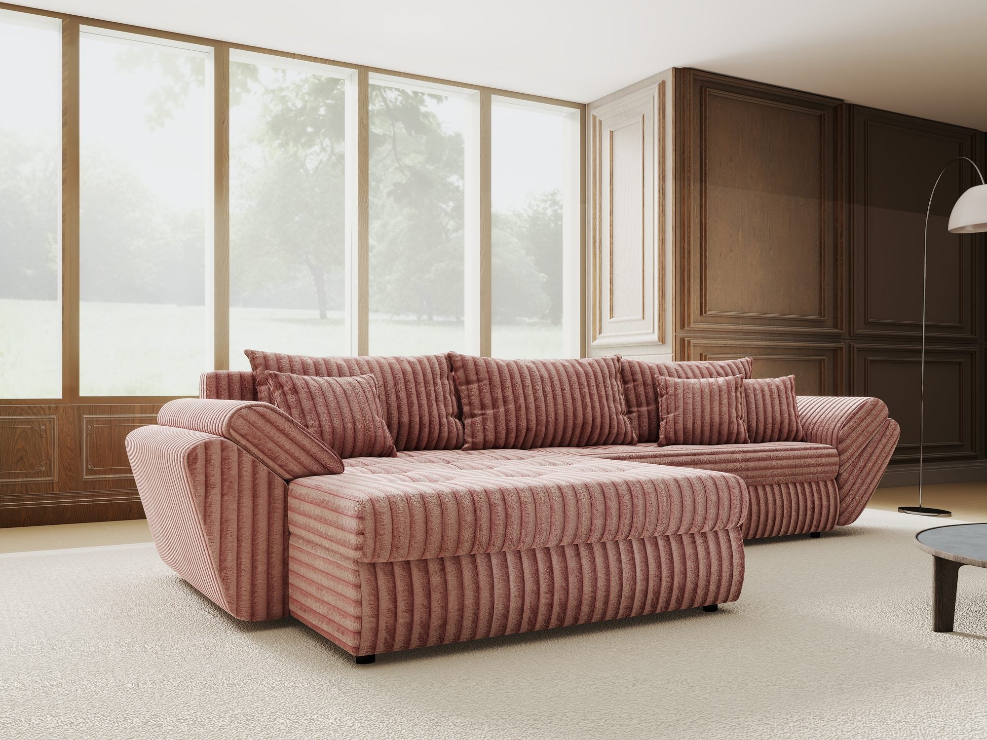 Colțar extensibil dumonde cu ladă de depozitare si sezut confortabil din spuma high-density, Loana Tilia Roz pudrat 270x185 cm