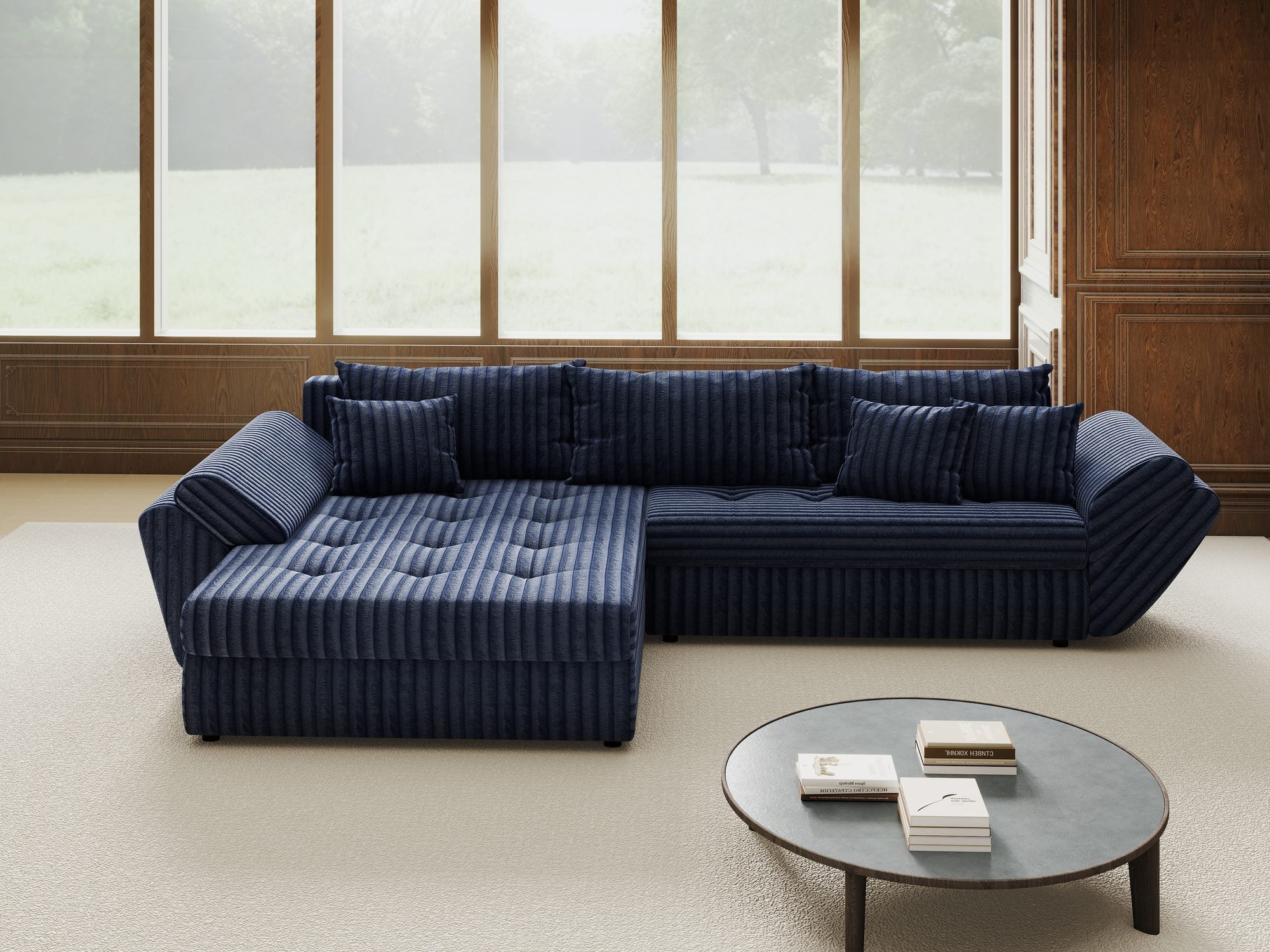 Colțar extensibil dumonde cu ladă de depozitare si sezut confortabil din spuma high-density, Loana Tilia Albastru 270x185 cm