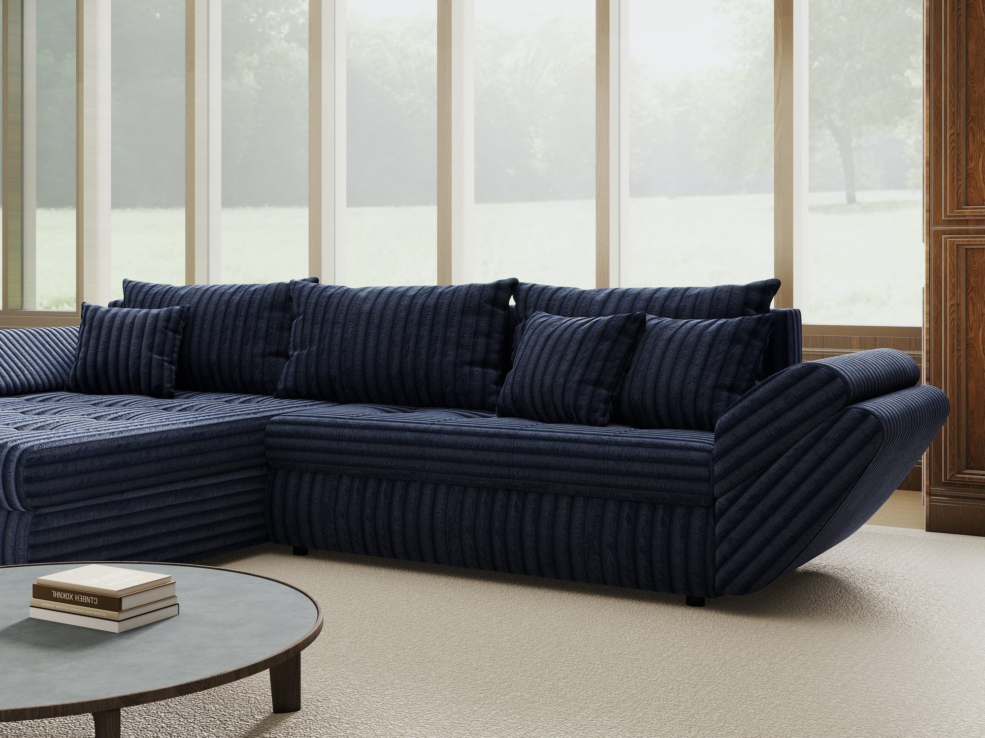 Colțar extensibil dumonde cu ladă de depozitare si sezut confortabil din spuma high-density, Loana Tilia Albastru 270x185 cm