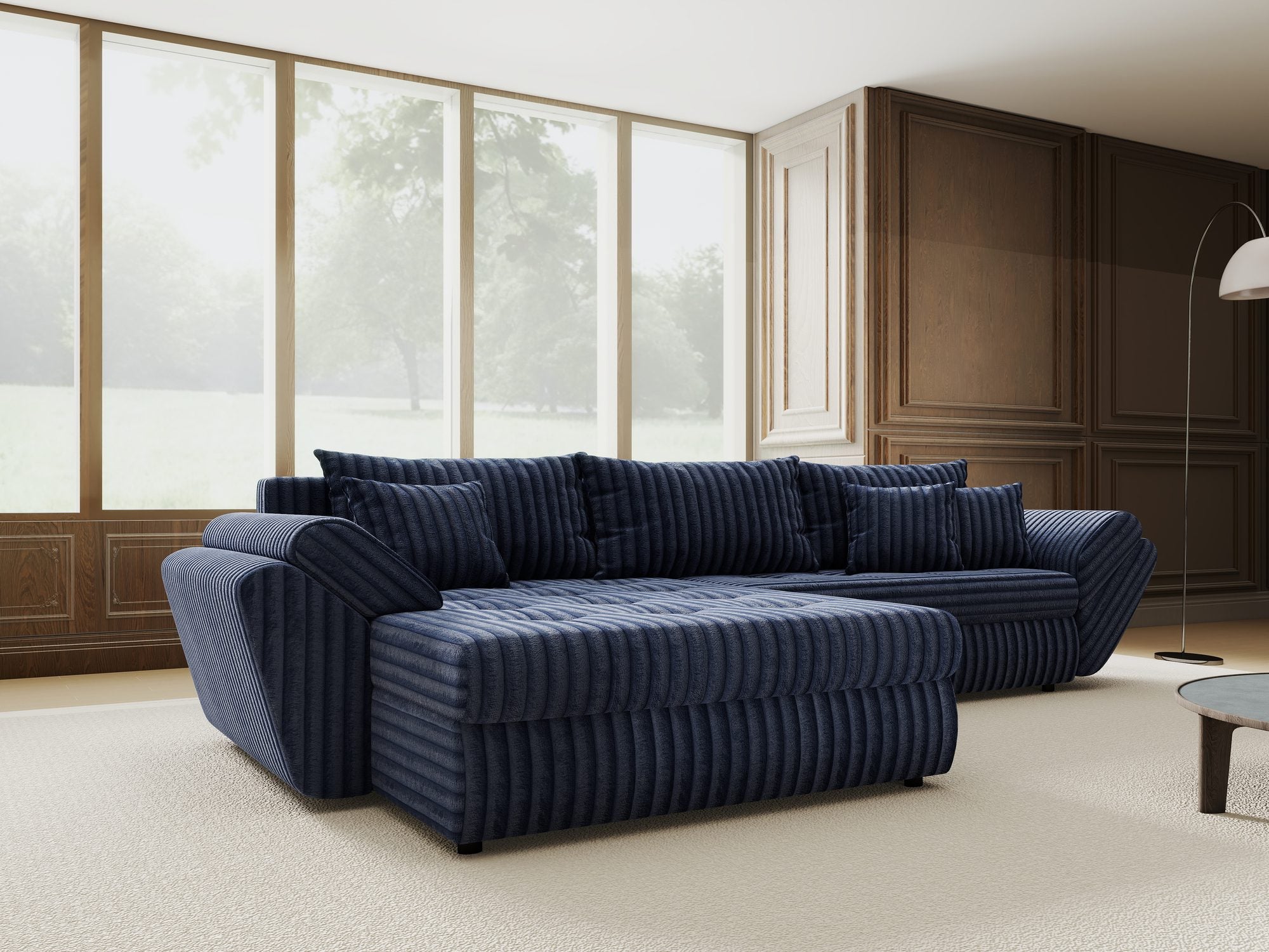 Colțar extensibil dumonde cu ladă de depozitare si sezut confortabil din spuma high-density, Loana Tilia Albastru 270x185 cm