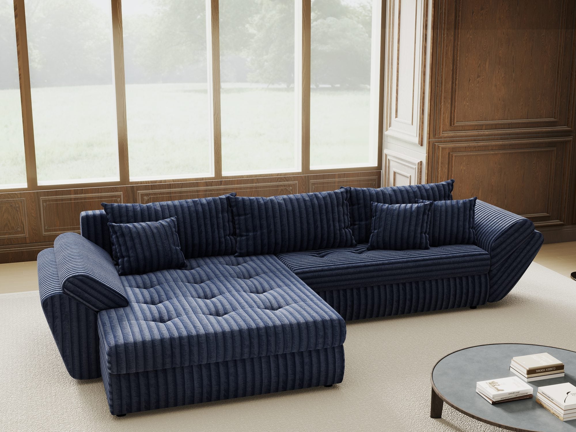 Colțar extensibil dumonde cu ladă de depozitare si sezut confortabil din spuma high-density, Loana Tilia Albastru 270x185 cm