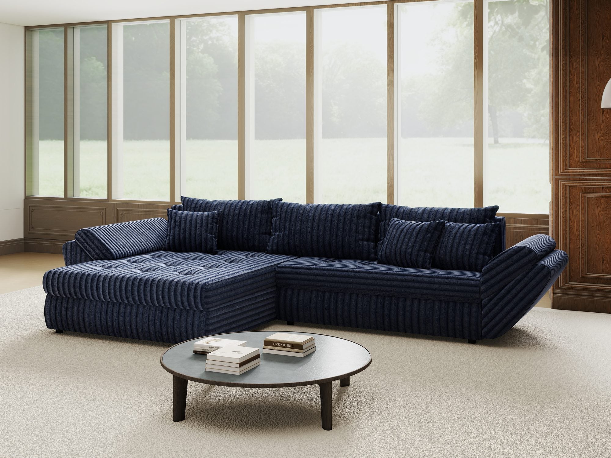 Colțar extensibil dumonde cu ladă de depozitare si sezut confortabil din spuma high-density, Loana Tilia Albastru 270x185 cm