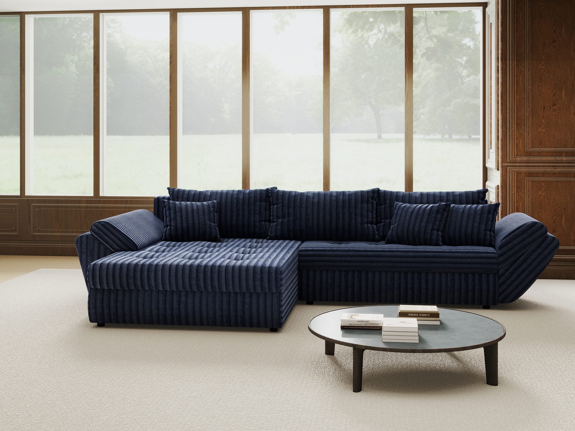 Colțar extensibil dumonde cu ladă de depozitare si sezut confortabil din spuma high-density, Loana Tilia Albastru 270x185 cm