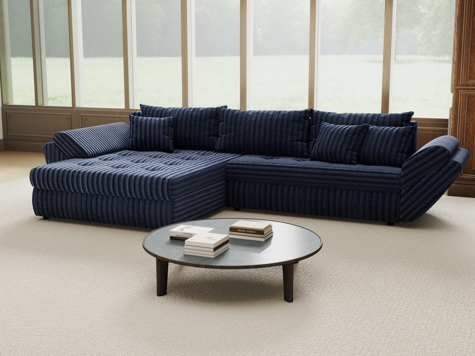 Colțar extensibil dumonde cu ladă de depozitare si sezut confortabil din spuma high-density, Loana Tilia Albastru 270x185 cm