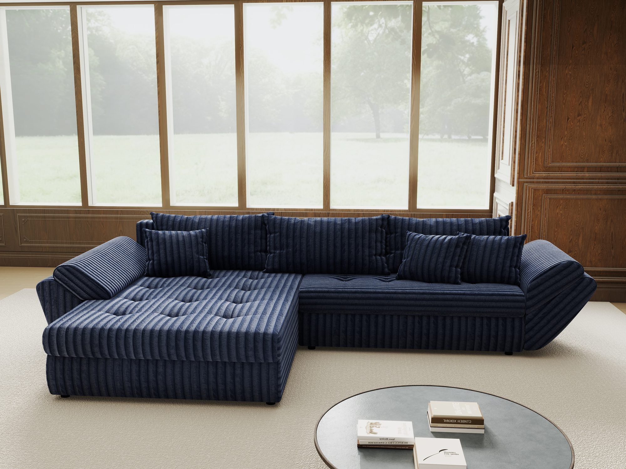 Colțar extensibil dumonde cu ladă de depozitare si sezut confortabil din spuma high-density, Loana Tilia Albastru 270x185 cm