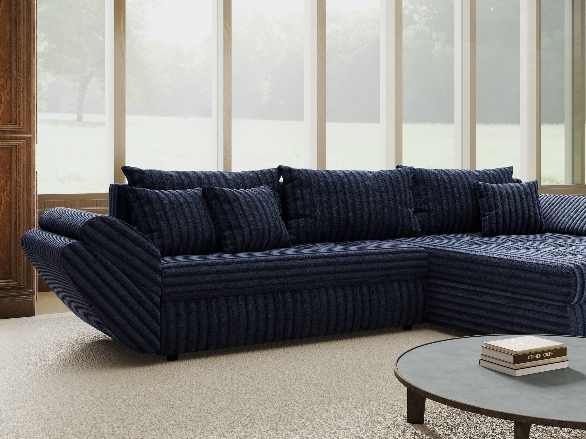 Colțar extensibil dumonde cu ladă de depozitare si sezut confortabil din spuma high-density, Loana Tilia Albastru II 270x185 cm