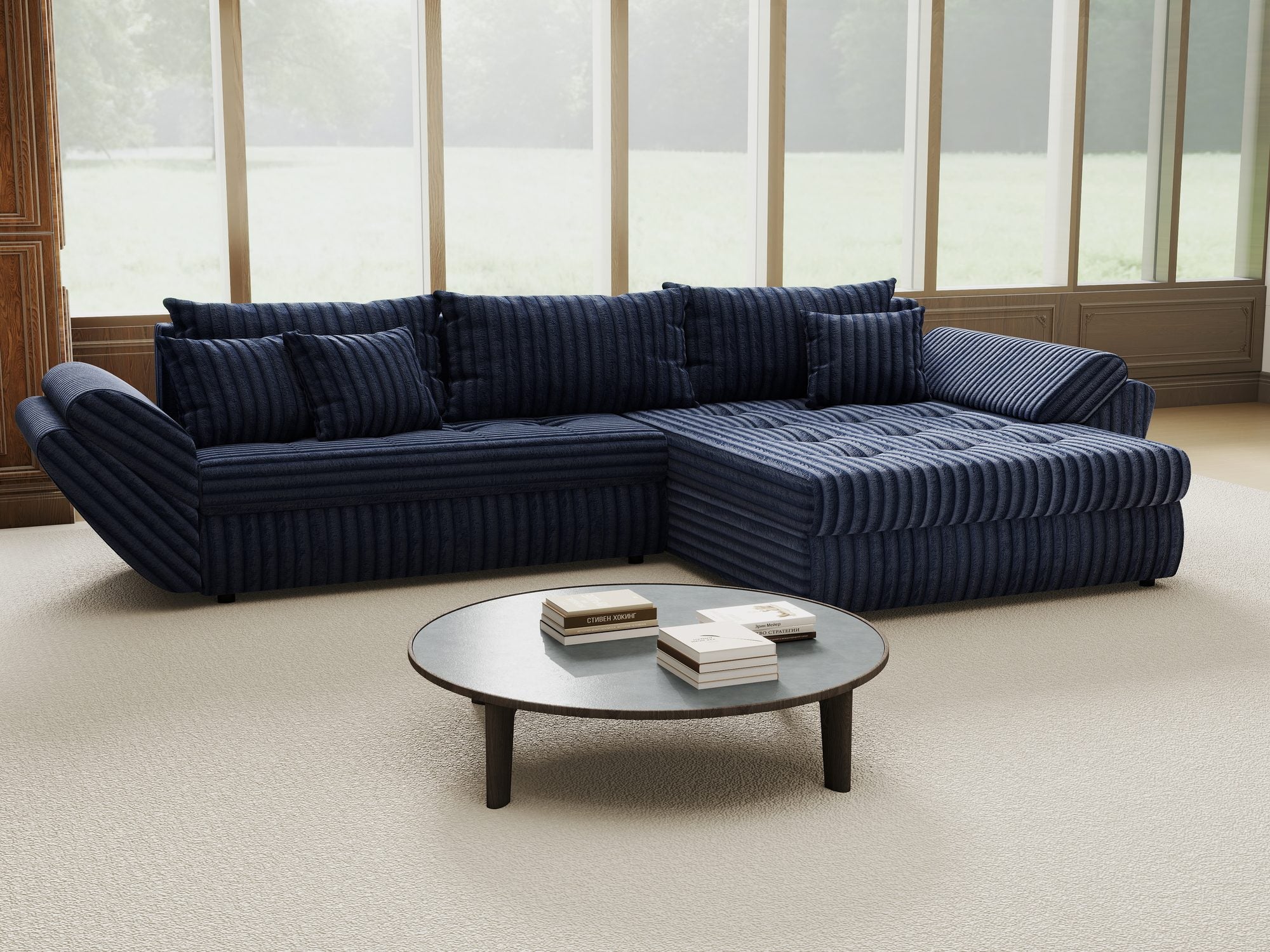 Colțar extensibil dumonde cu ladă de depozitare si sezut confortabil din spuma high-density, Loana Tilia Albastru II 270x185 cm