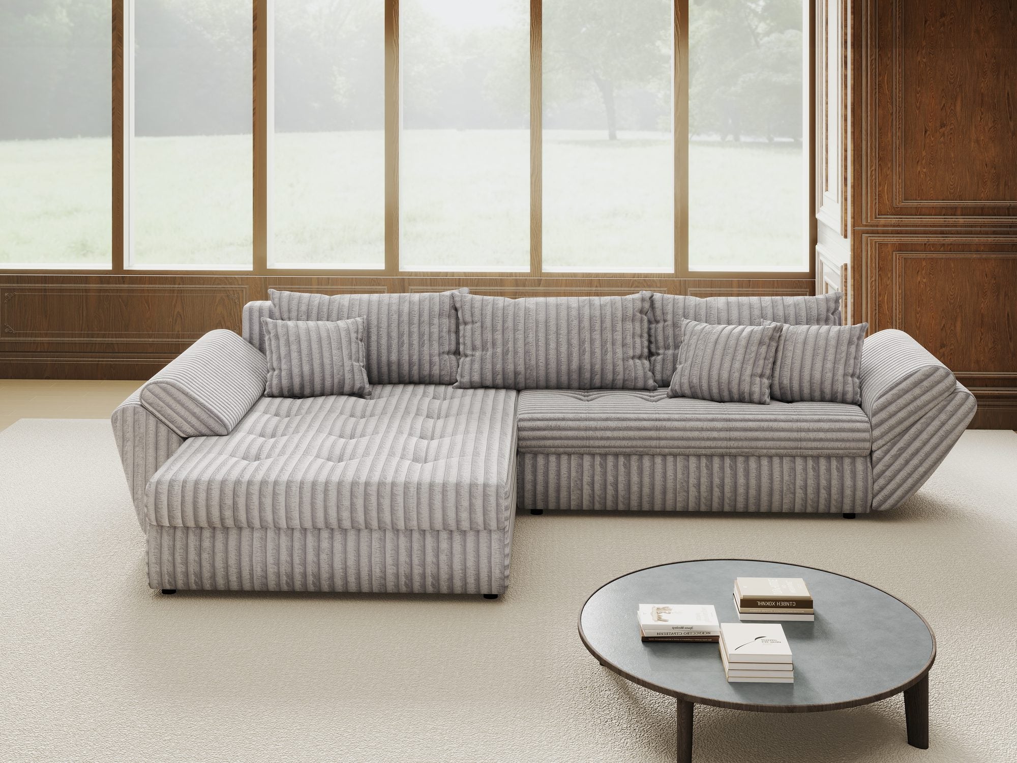 Colțar extensibil dumonde cu ladă de depozitare si sezut confortabil din spuma high-density, Loana Tilia Gri 270x185 cm