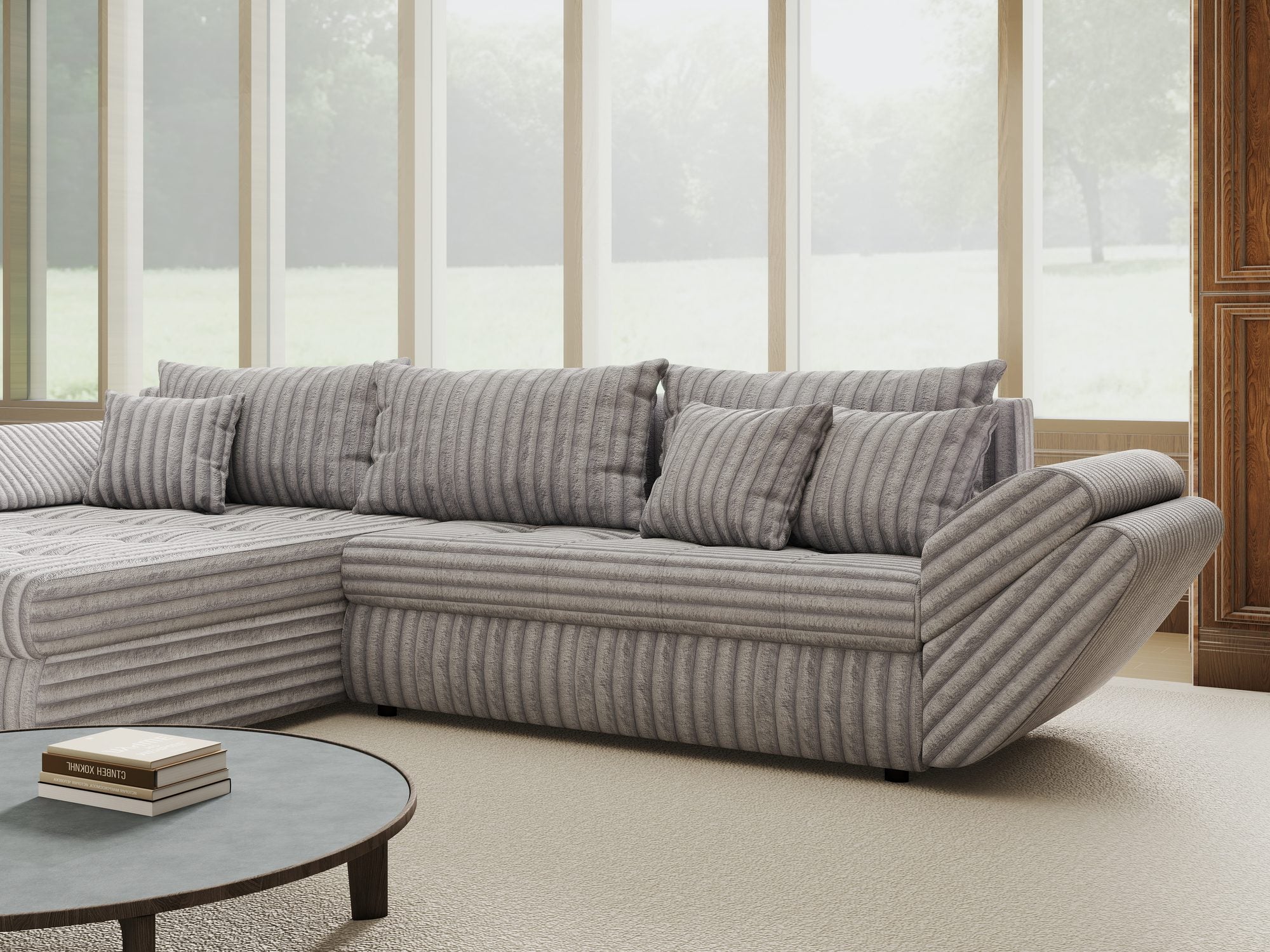 Colțar extensibil dumonde cu ladă de depozitare si sezut confortabil din spuma high-density, Loana Tilia Gri 270x185 cm