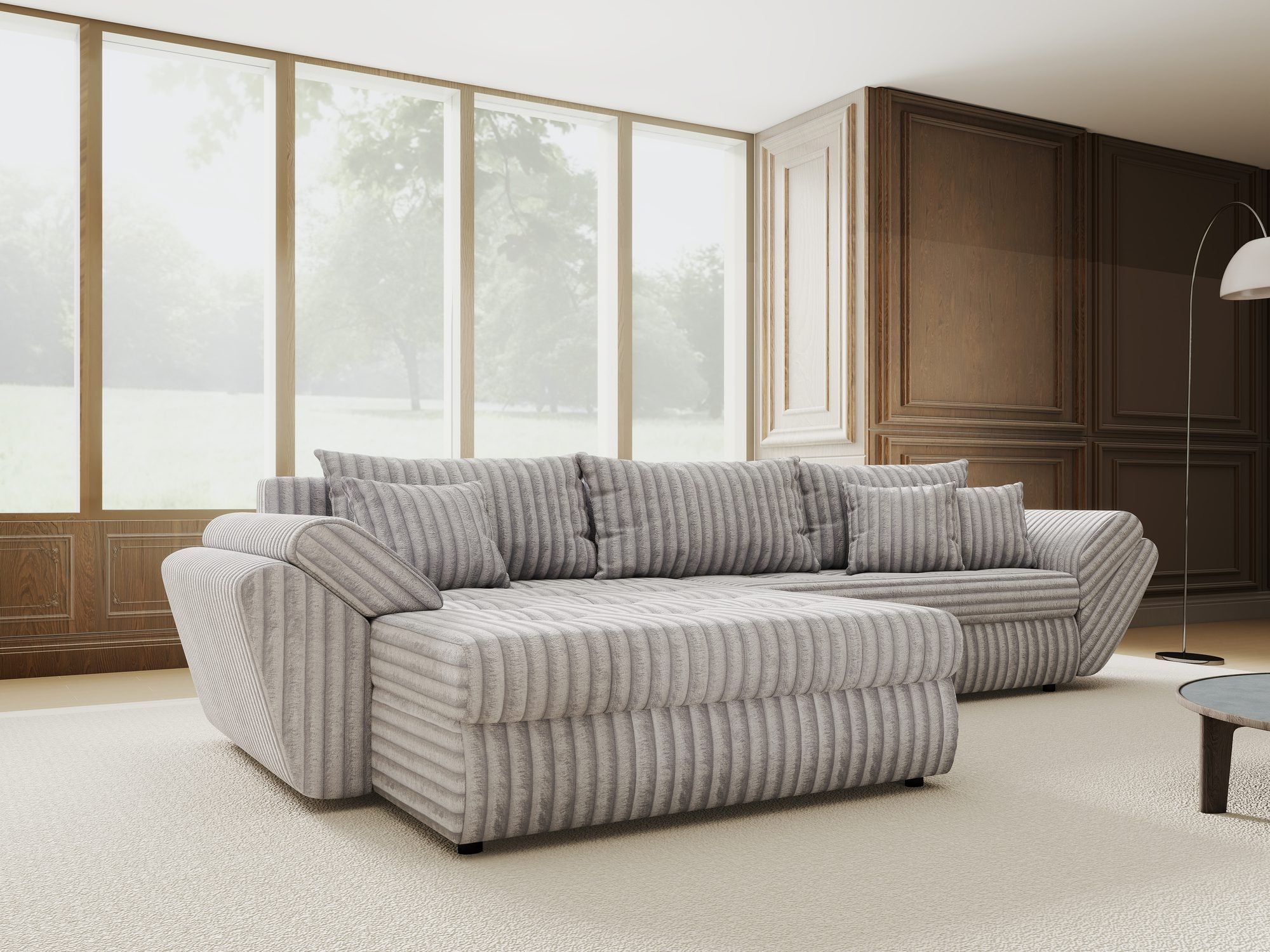 Colțar extensibil dumonde cu ladă de depozitare si sezut confortabil din spuma high-density, Loana Tilia Gri 270x185 cm