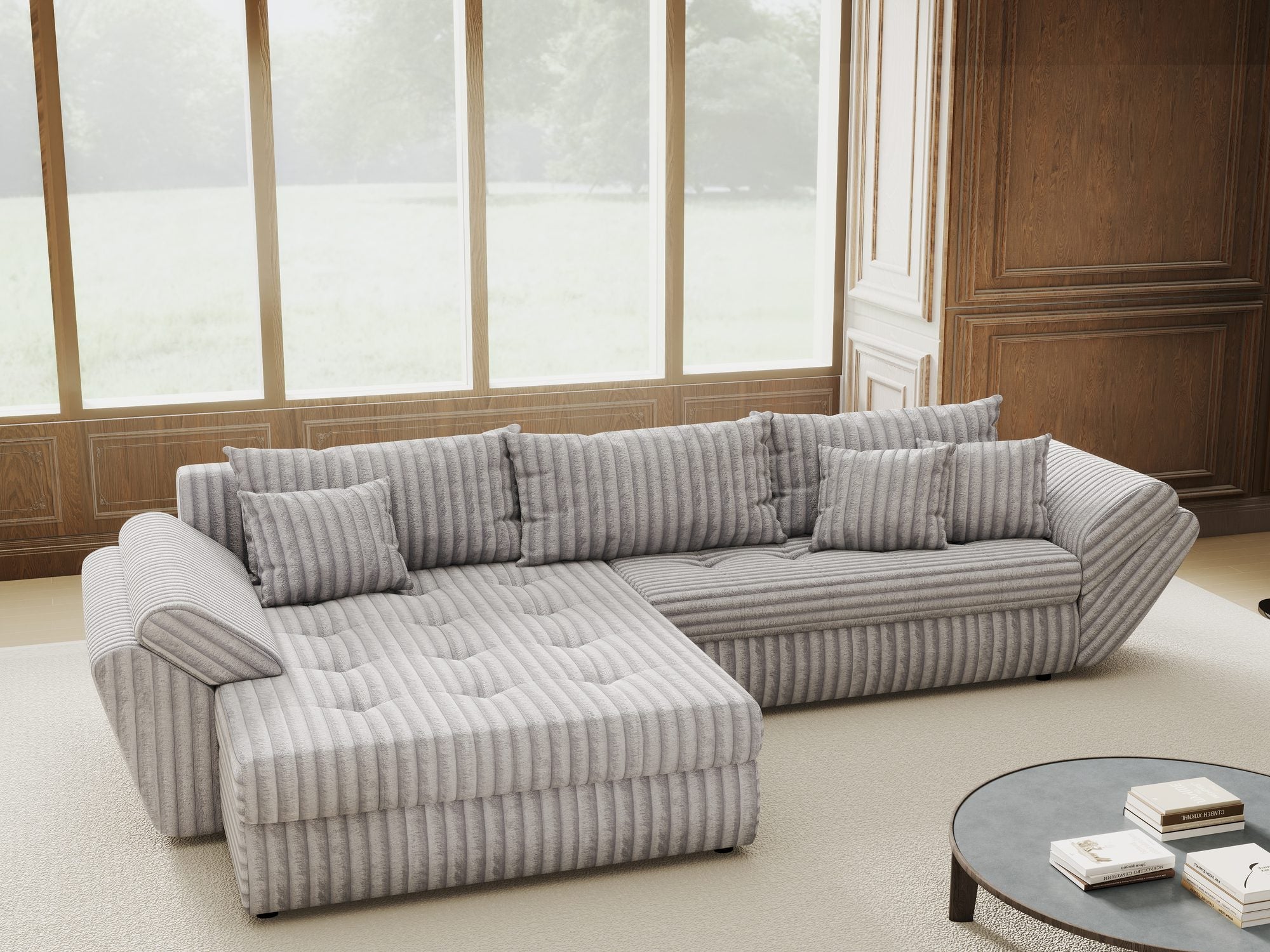 Colțar extensibil dumonde cu ladă de depozitare si sezut confortabil din spuma high-density, Loana Tilia Gri 270x185 cm