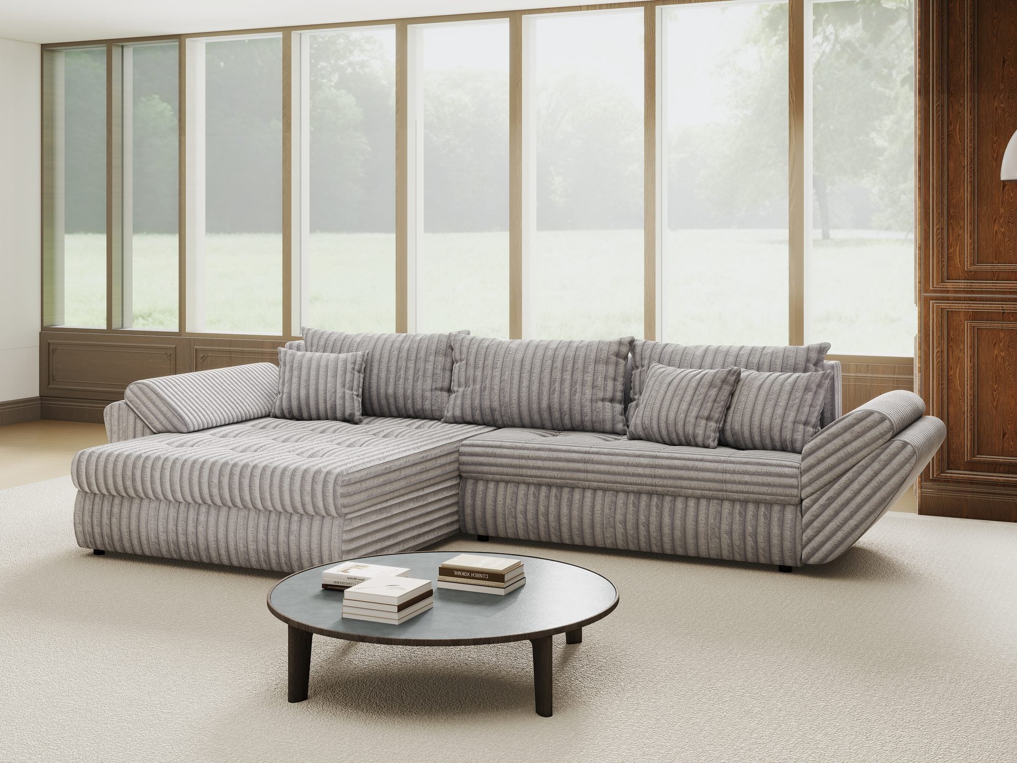 Colțar extensibil dumonde cu ladă de depozitare si sezut confortabil din spuma high-density, Loana Tilia Gri 270x185 cm