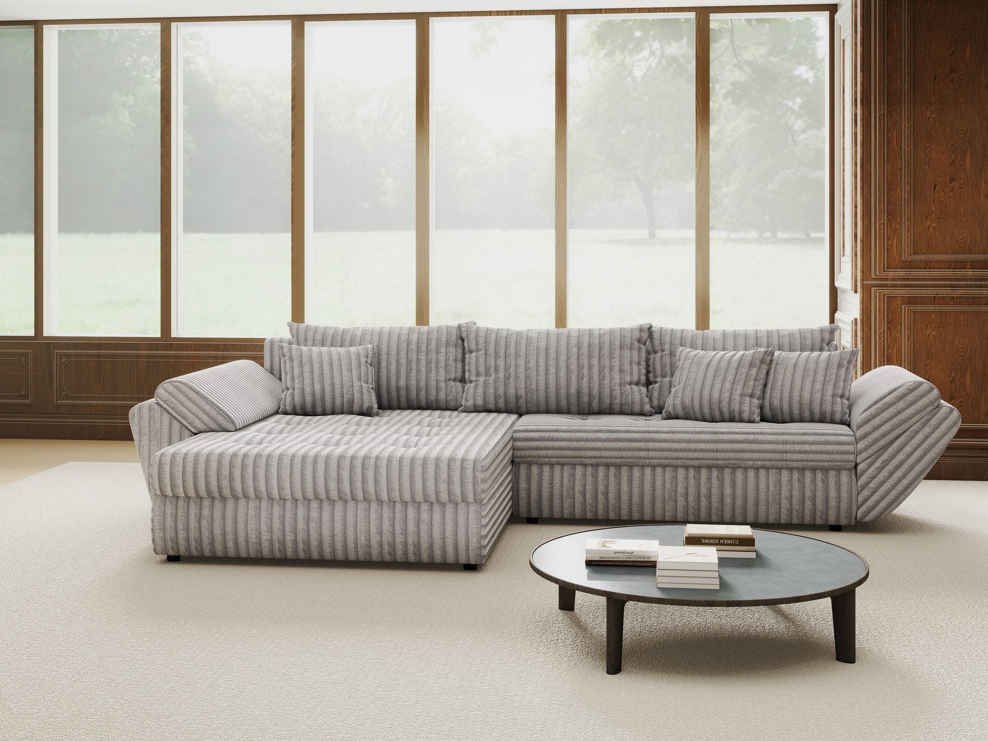 Colțar extensibil dumonde cu ladă de depozitare si sezut confortabil din spuma high-density, Loana Tilia Gri 270x185 cm