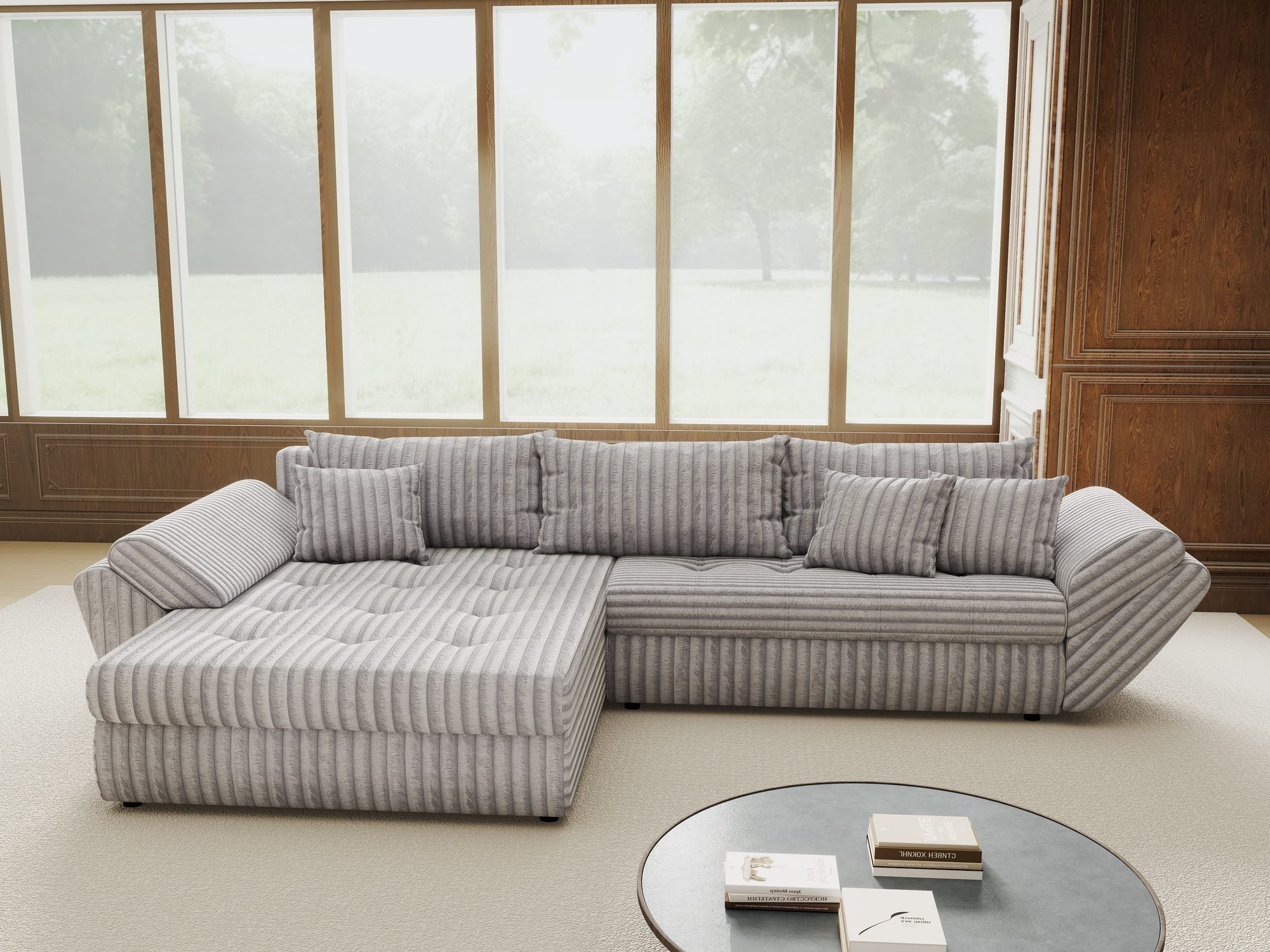 Colțar extensibil dumonde cu ladă de depozitare si sezut confortabil din spuma high-density, Loana Tilia Gri 270x185 cm