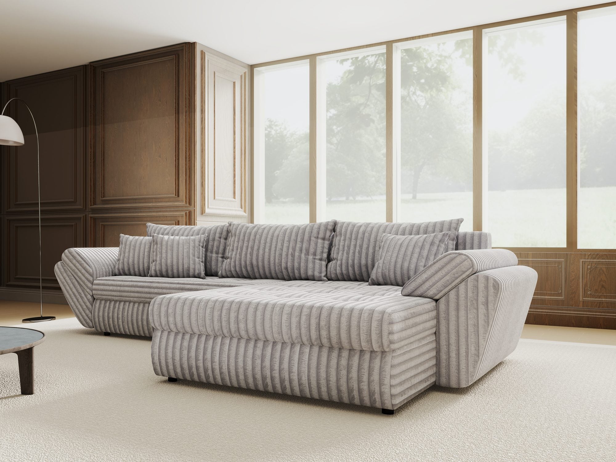 Colțar extensibil dumonde cu ladă de depozitare si sezut confortabil din spuma high-density, Loana Tilia Gri II 270x185 cm