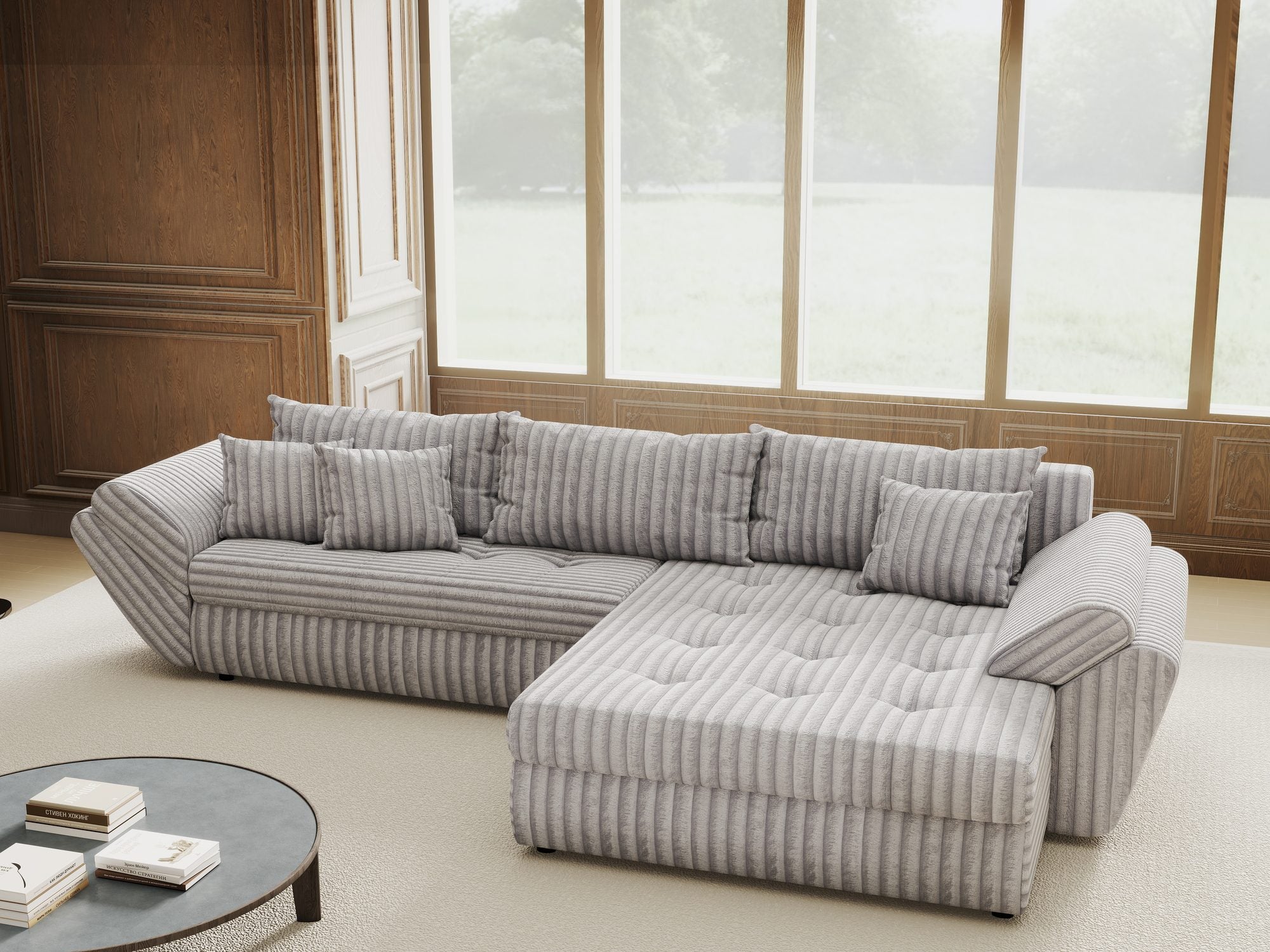 Colțar extensibil dumonde cu ladă de depozitare si sezut confortabil din spuma high-density, Loana Tilia Gri II 270x185 cm