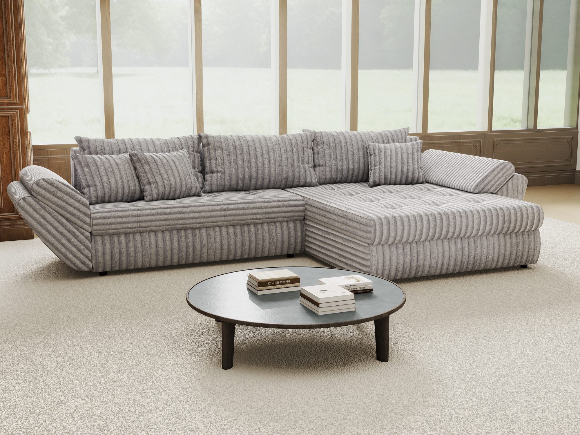 Colțar extensibil dumonde cu ladă de depozitare si sezut confortabil din spuma high-density, Loana Tilia Gri II 270x185 cm