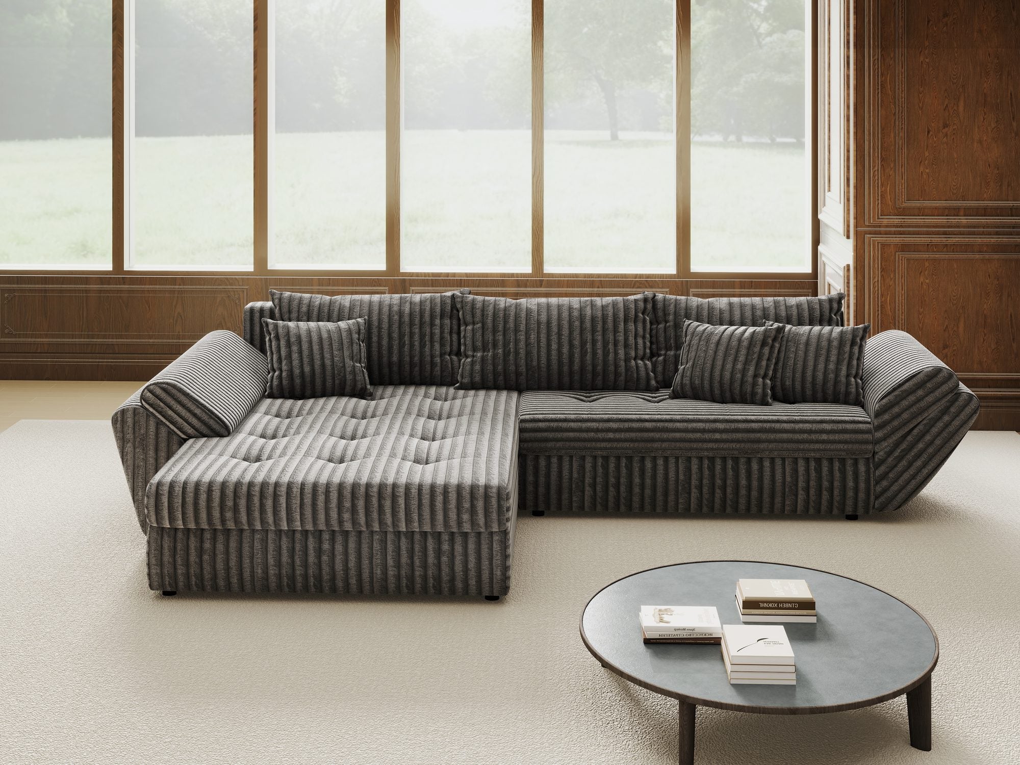 Colțar extensibil dumonde cu ladă de depozitare si sezut confortabil din spuma high-density, Loana Tilia Gri 270x185 cm