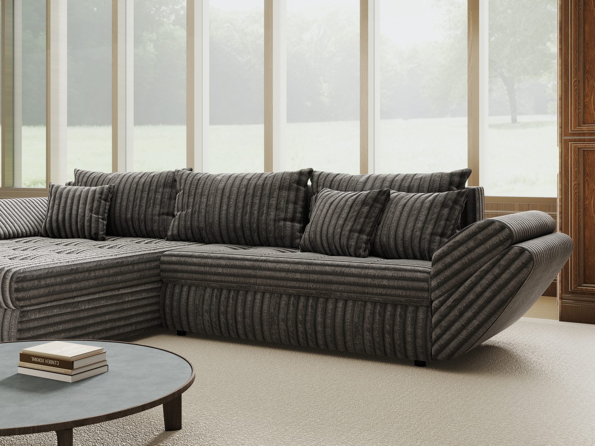 Colțar extensibil dumonde cu ladă de depozitare si sezut confortabil din spuma high-density, Loana Tilia Gri 270x185 cm