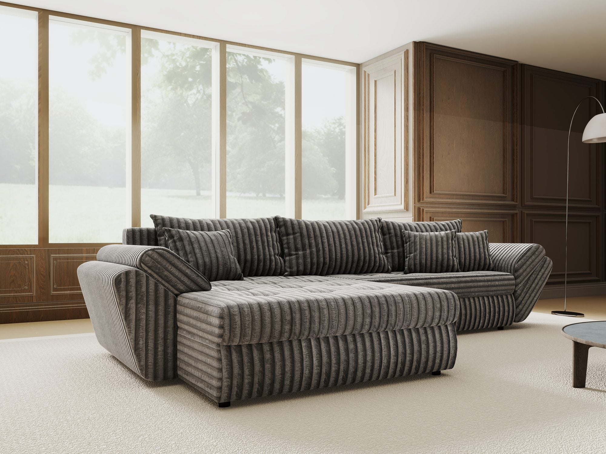 Colțar extensibil dumonde cu ladă de depozitare si sezut confortabil din spuma high-density, Loana Tilia Gri 270x185 cm