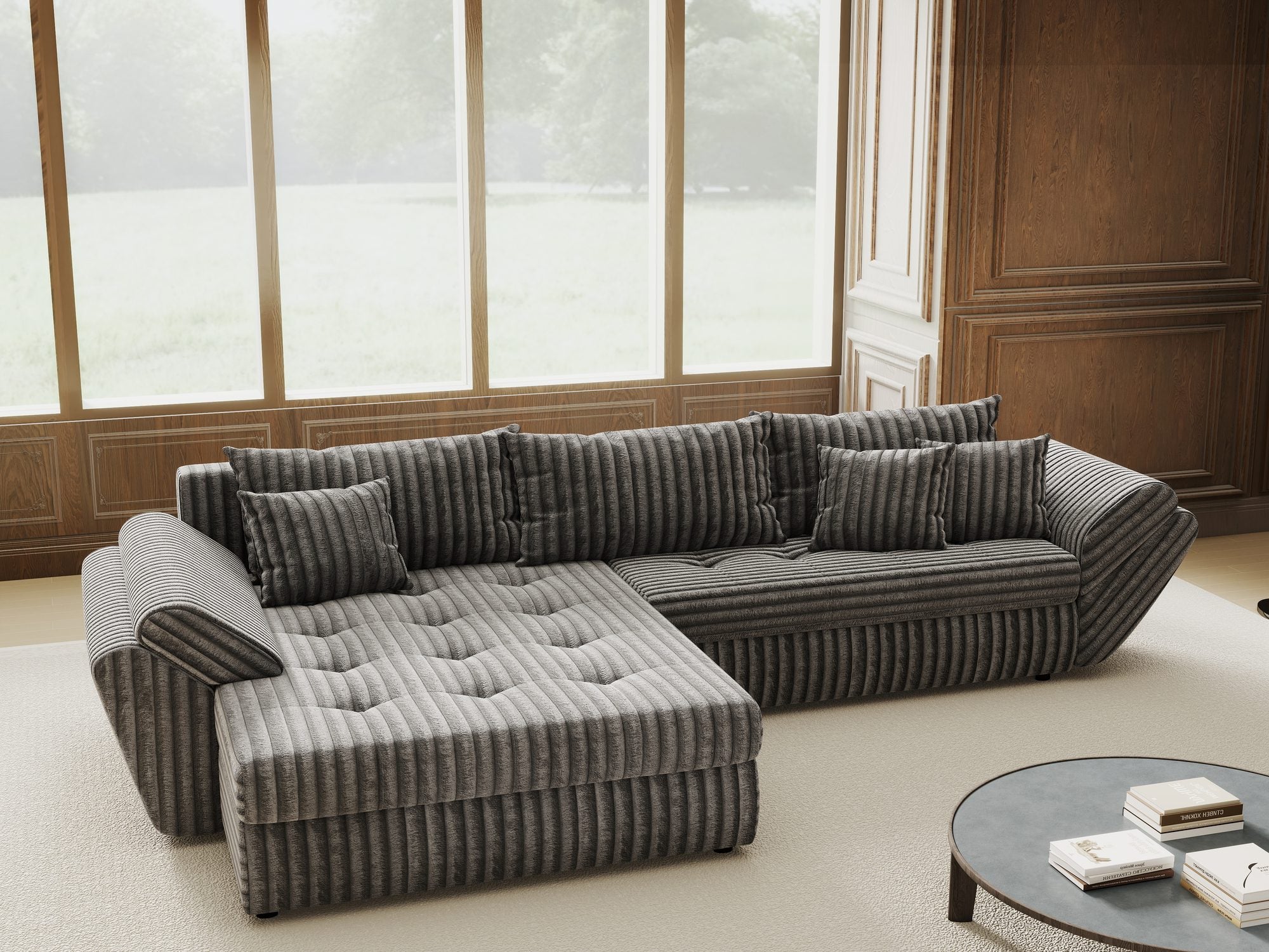 Colțar extensibil dumonde cu ladă de depozitare si sezut confortabil din spuma high-density, Loana Tilia Gri 270x185 cm