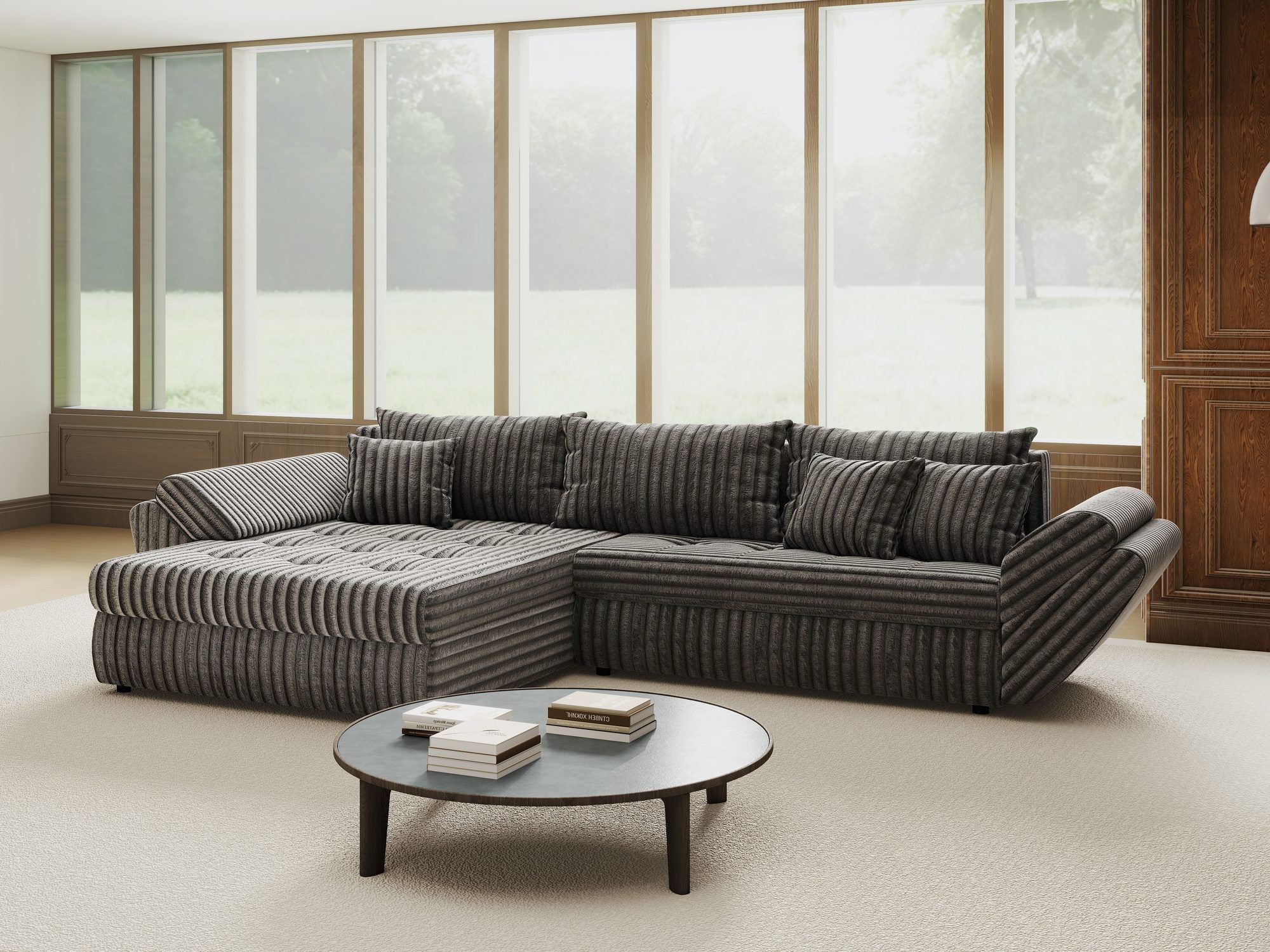 Colțar extensibil dumonde cu ladă de depozitare si sezut confortabil din spuma high-density, Loana Tilia Gri 270x185 cm