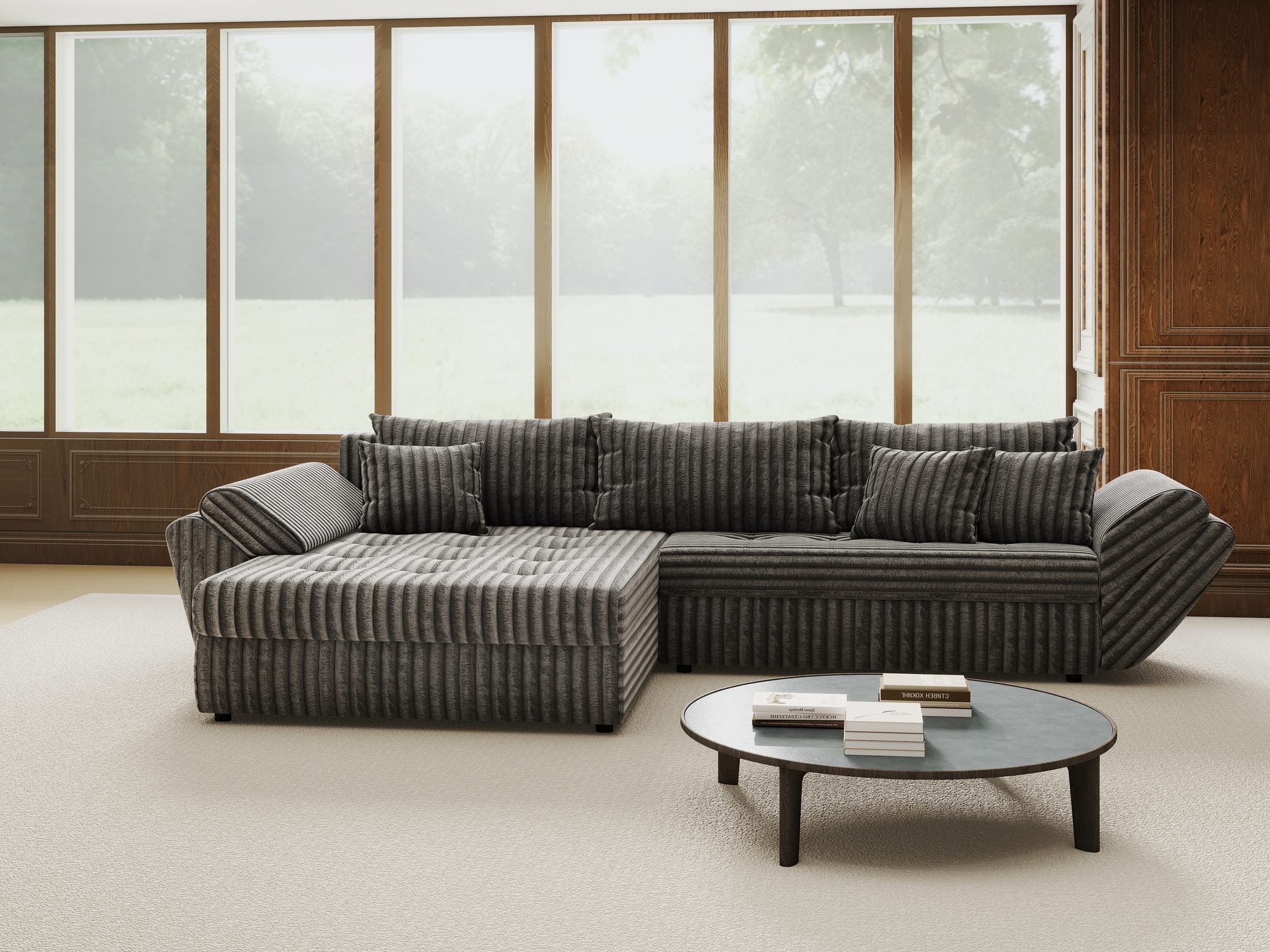 Colțar extensibil dumonde cu ladă de depozitare si sezut confortabil din spuma high-density, Loana Tilia Gri 270x185 cm